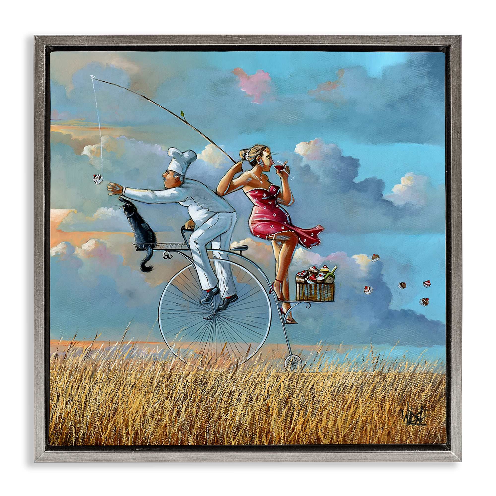 Stupell Industries BS-771-FFL-17X17 Charming Lady and Chef Bicycle View Gray Framed Floater Canvas Wall Art By Ronald West 18 x 18