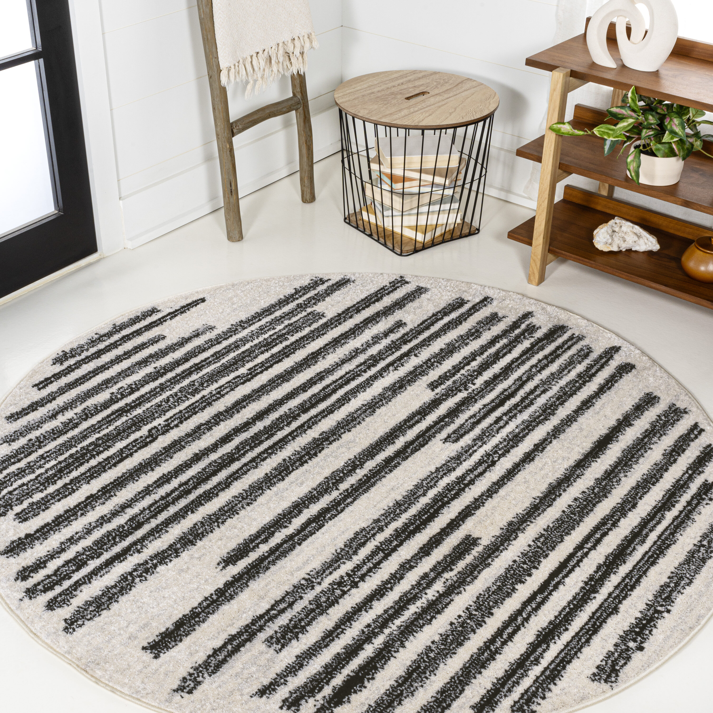 JONATHAN  Y MOH207A-9R Moroccan HYPE Khalil 9 x 9 (ft) Loomed Polypropylene Cream/Black Round Indoor Stripe Mid-Century Modern Area rug