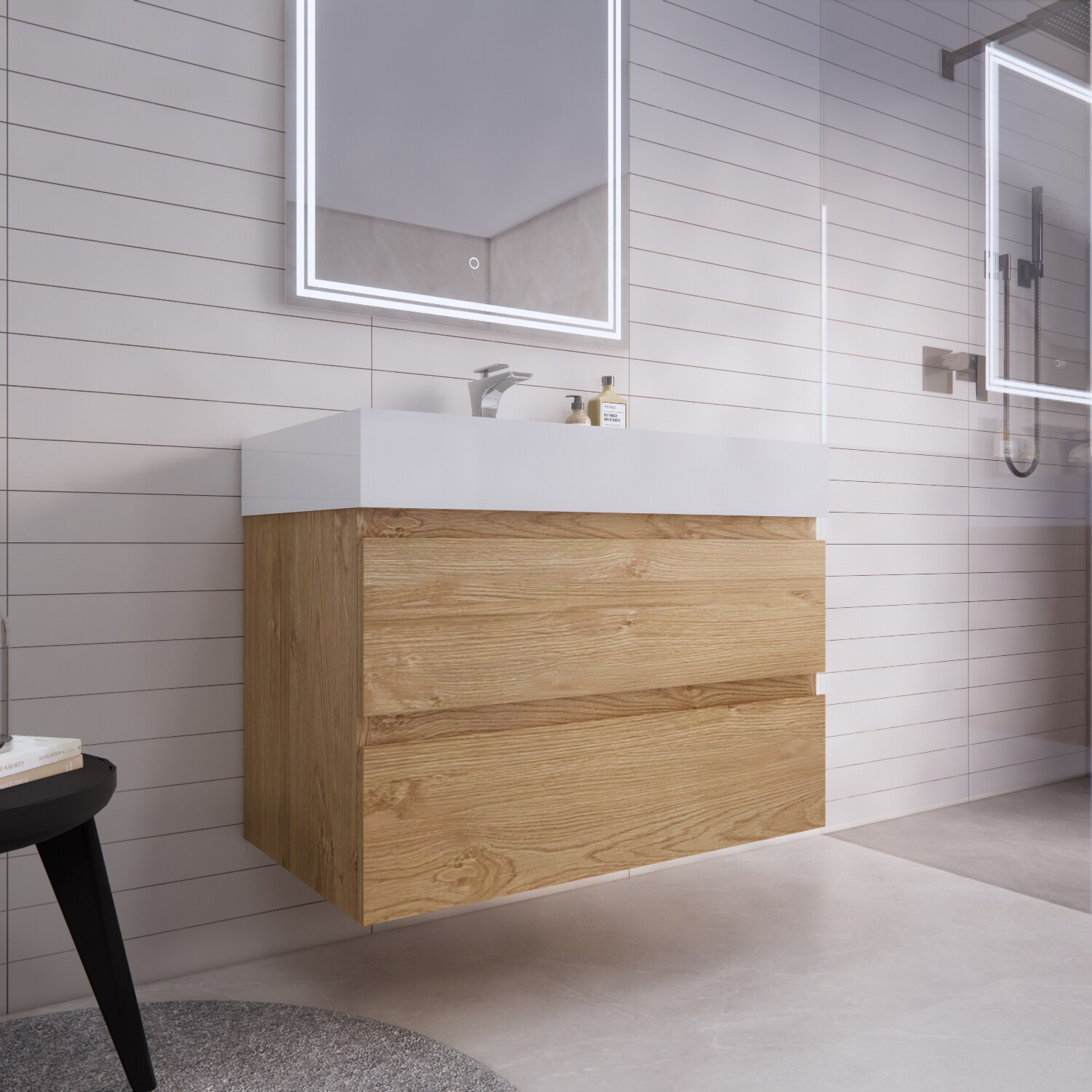 Vanity with mirror and shower area