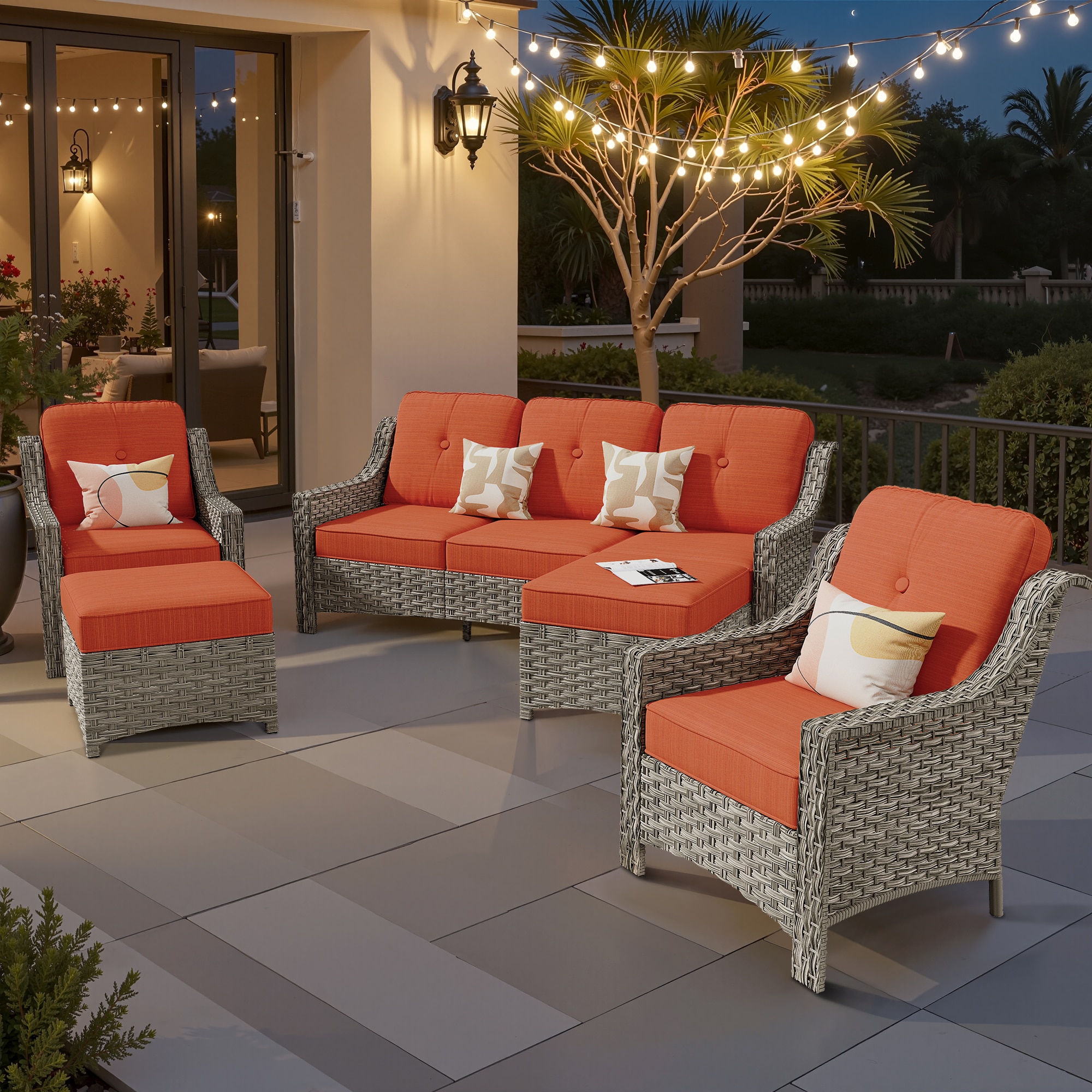 XIZZI XIPAD8C053 Pyrophyllite 5 -Piece Rattan Patio Sofa Conversation Set with Orange Cushions