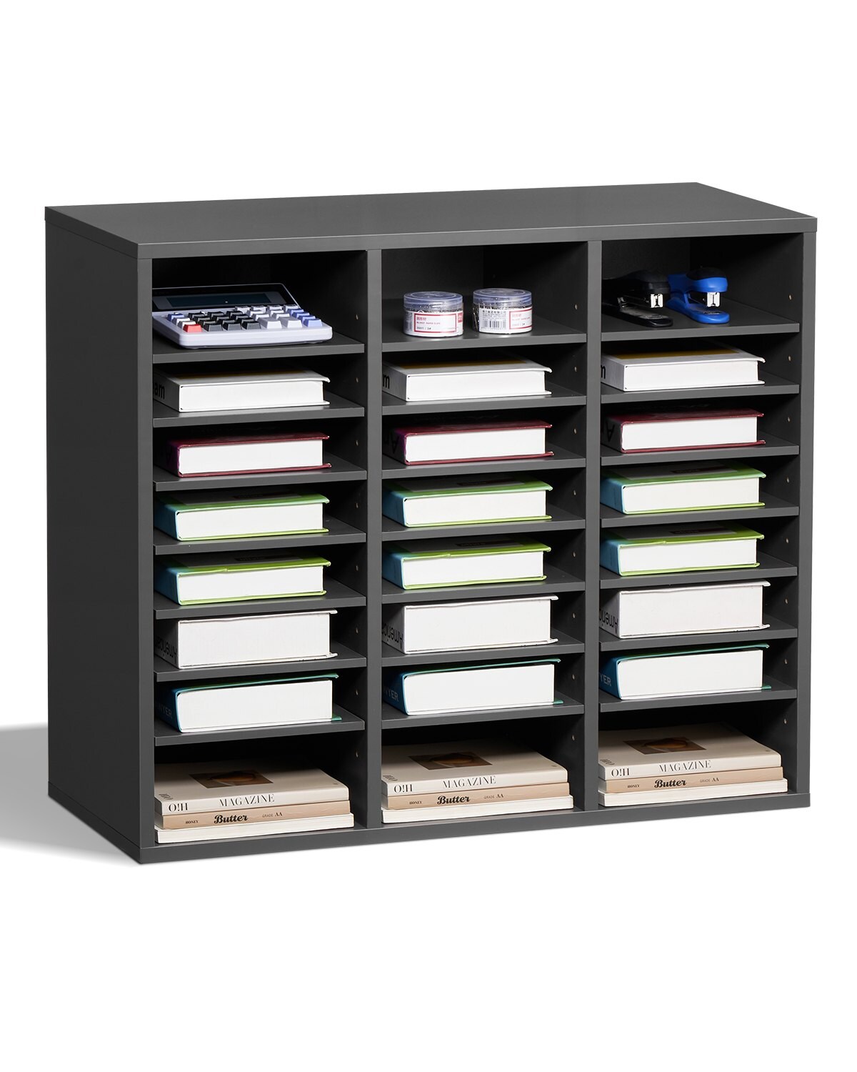 Mecale 24-Compartment Wood Literature Organizer File Sorter Mail Center with Adjustable Shelves - Gray