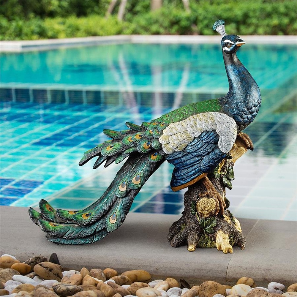 Multicolored Resin Peacock Garden Statue with Detailed Plumage