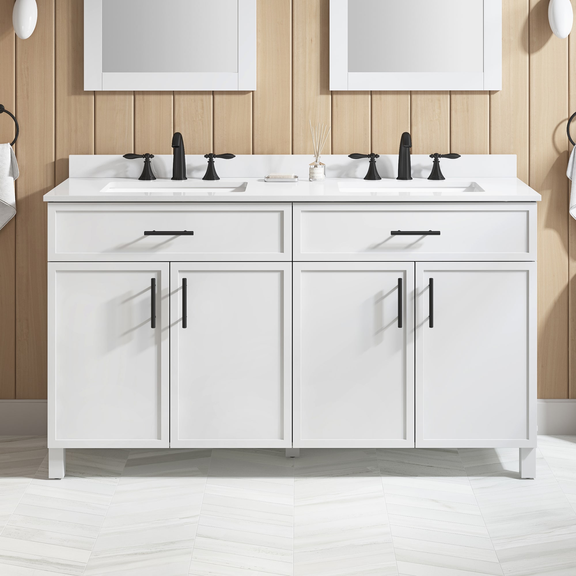 Style Selections DOLTON 60W Dolton 60-in White Undermount Double Sink Bathroom Vanity with White Engineered Stone Top