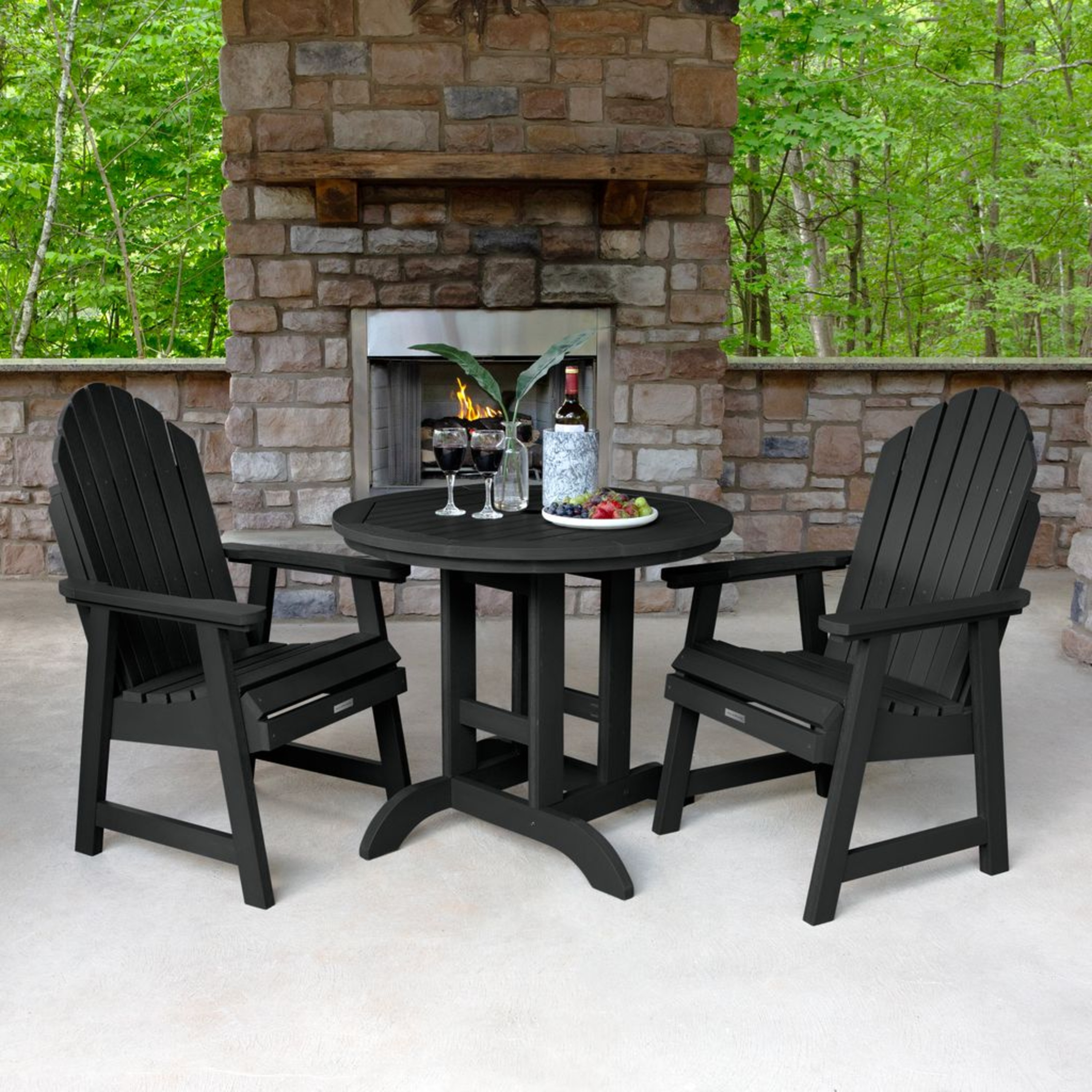 highwood AD-DNA36-BKE The Adirondack 3 -Piece Black Patio Dining Set Plastic Round Table with 2 Stationary Chairs