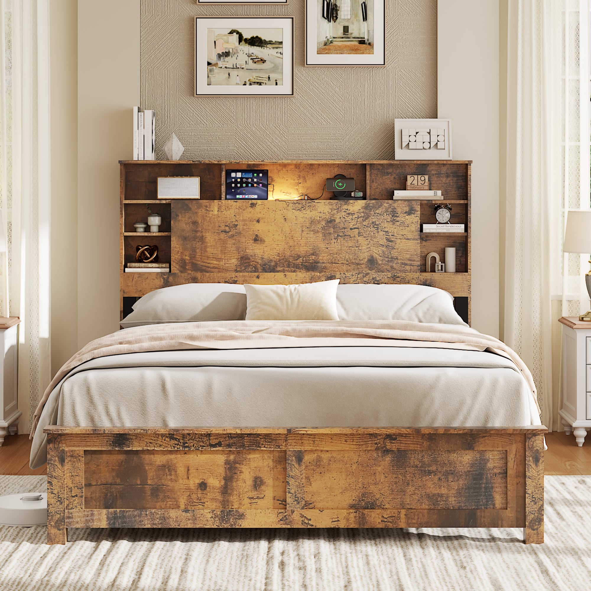 JUSHUA Full Size Dark Brown Wood Platform Bed LED Lighting Charging ...