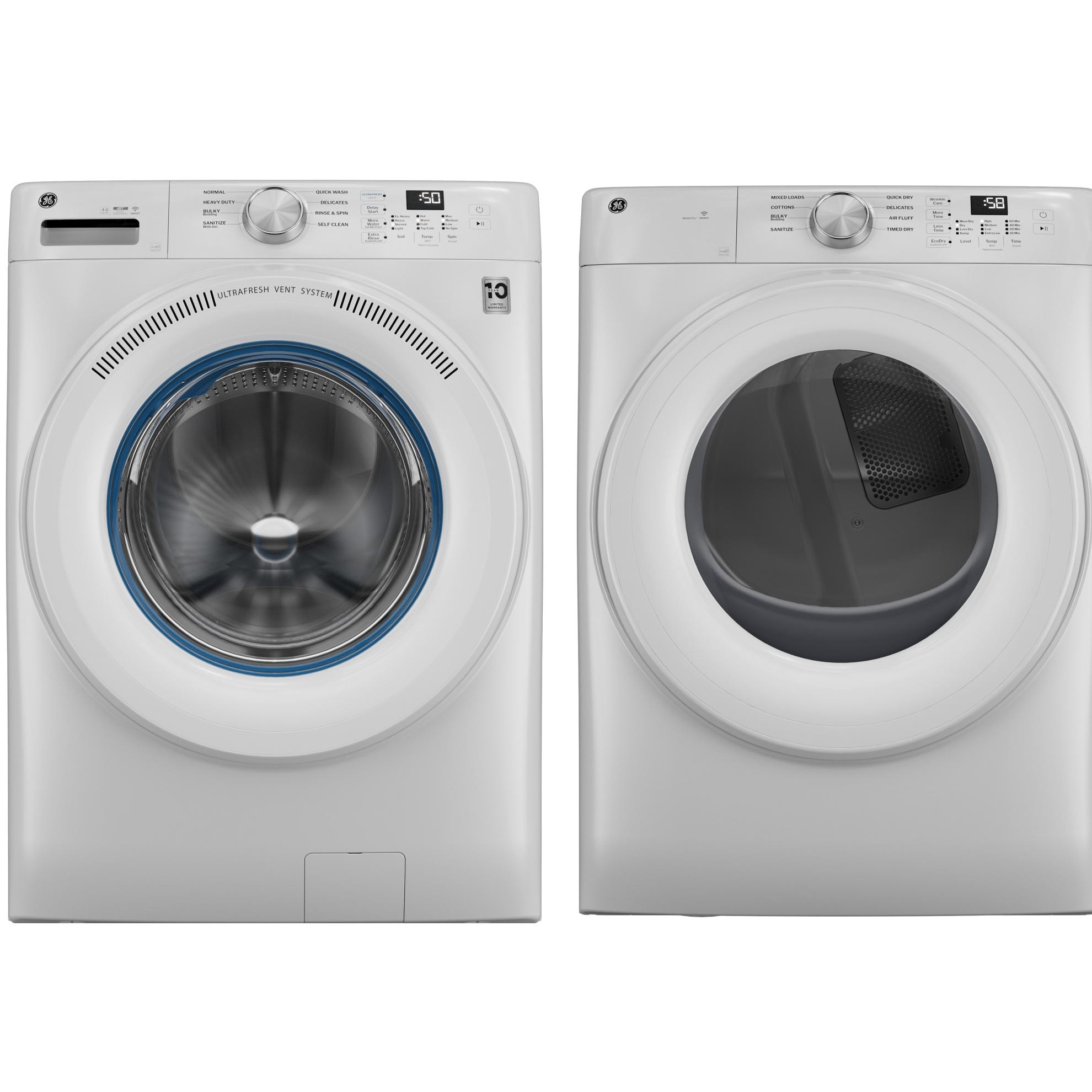 GE  UltraFresh Vent System 4.6-cu ft Stackable Smart Front-Load Washer in White with 7.8-cu ft Stackable Vented Electric Dryer in White