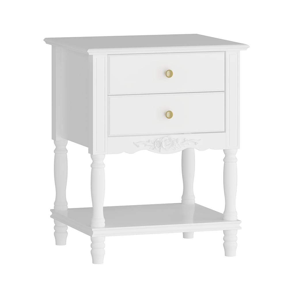  V-KF390011-01 Modern Nightstand with 2 Drawers Open Shelf and Carved Flower Finish Wood Bedside Table Versatile End Side Table for Bedroom 16.9''L x 16.9''W x 25.2''H White