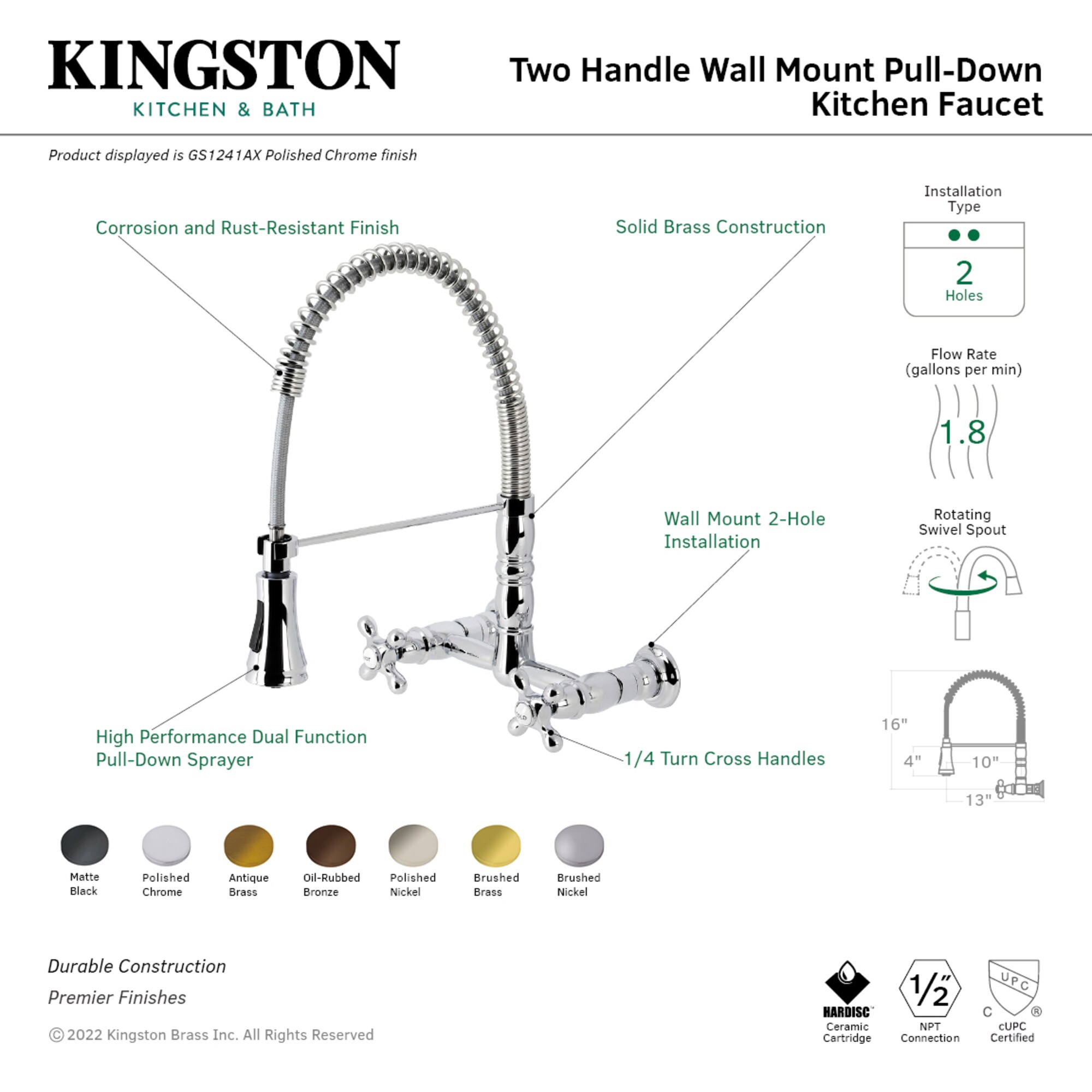 Kingston Brass Matte Black Double Handle Wall-mount Pull-down Kitchen ...