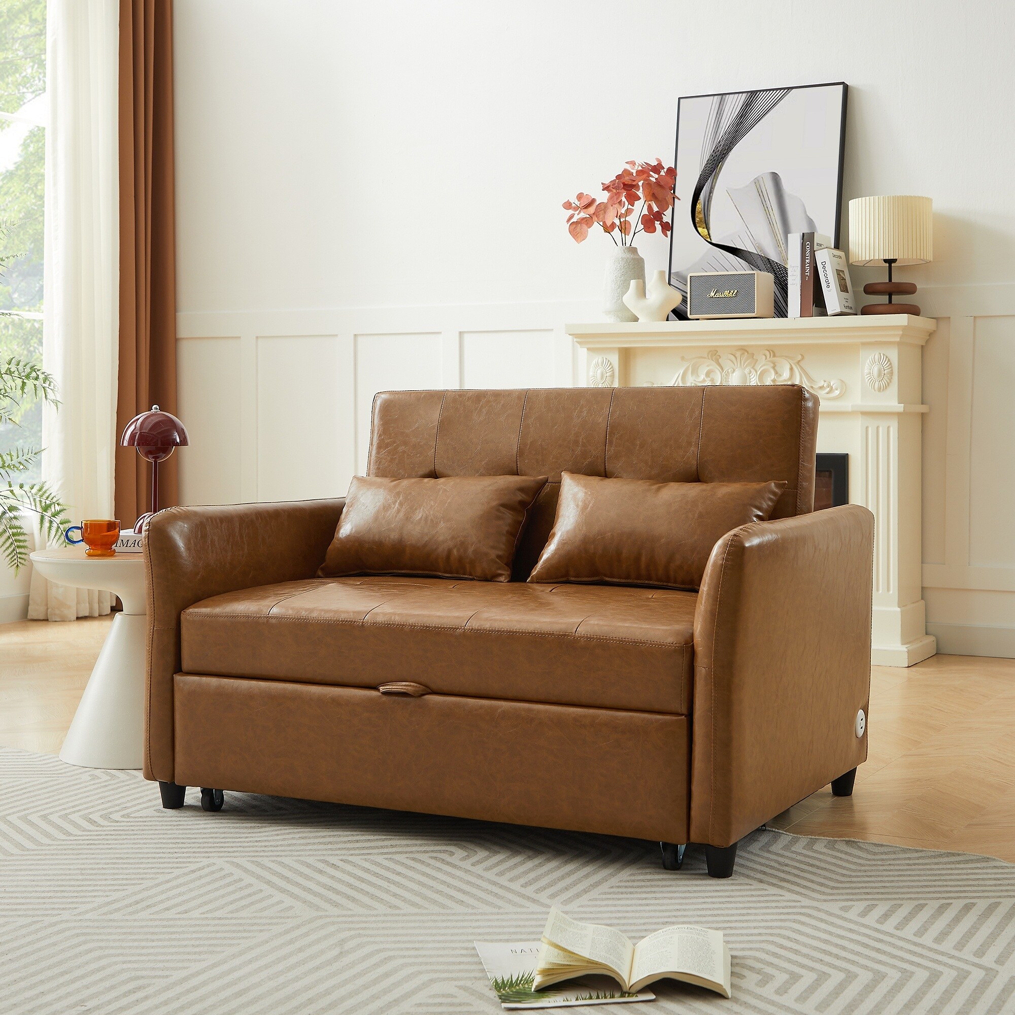 Horizons Prime 52 inch Brown PU Leather Convertible Sleeper Bed with ...