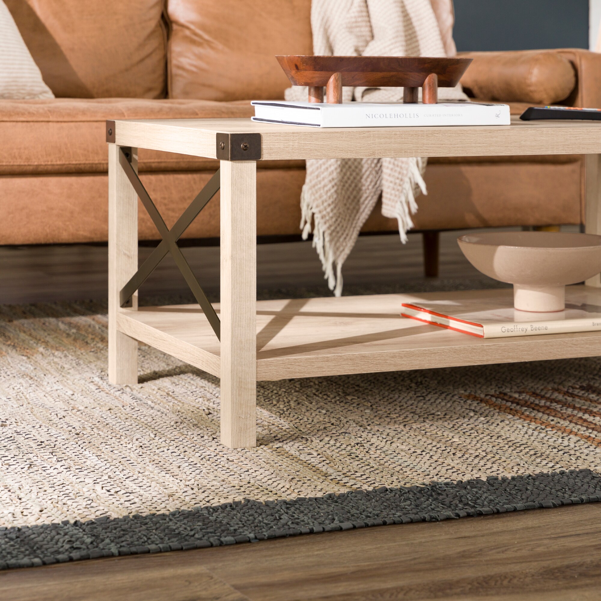 Walker Edison White Oak Wood veneer Rustic Coffee Table in the
