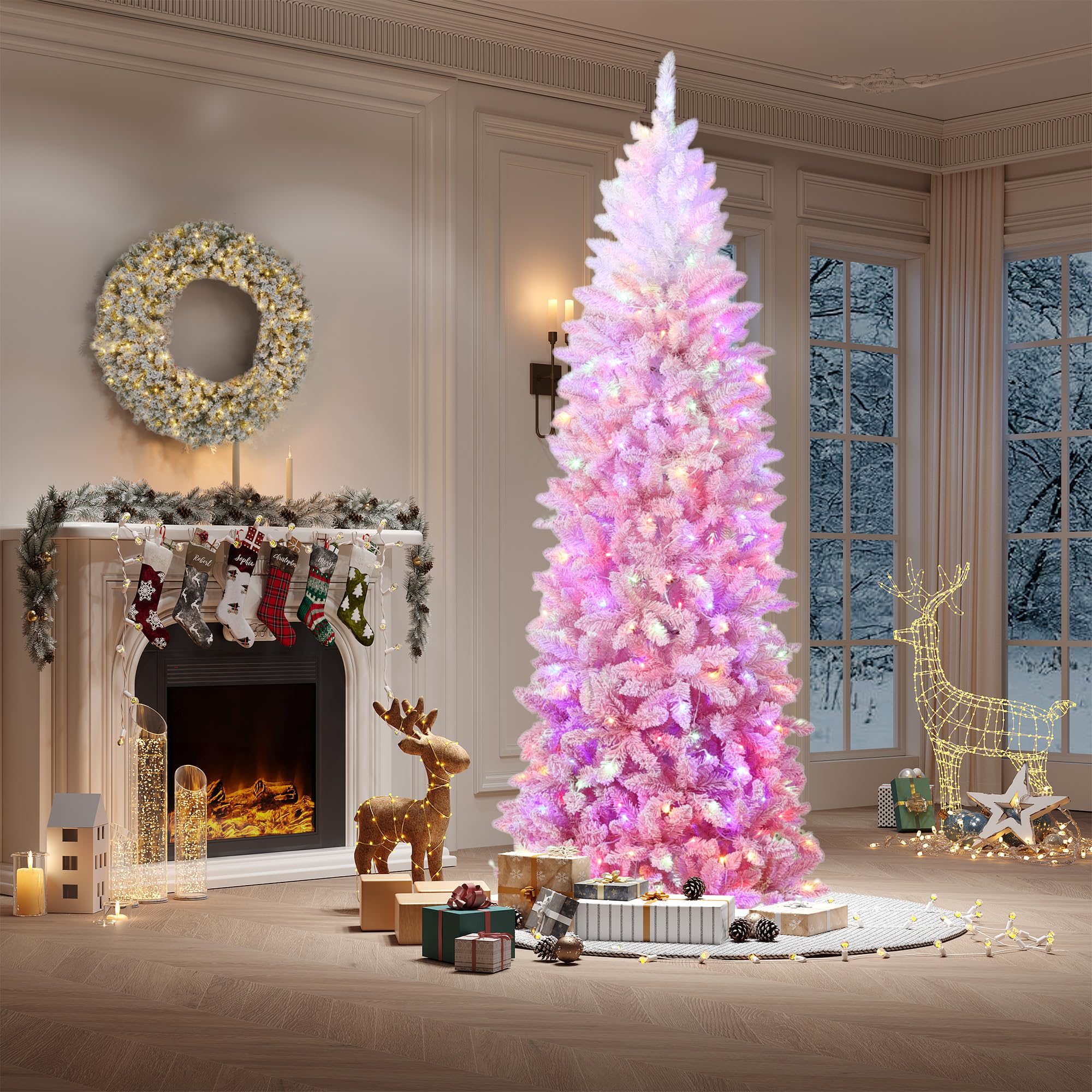 DEXSO 7.5 FT Pink White Gradient Snow Flocked Pencil Christmas Tree with Metal Stand