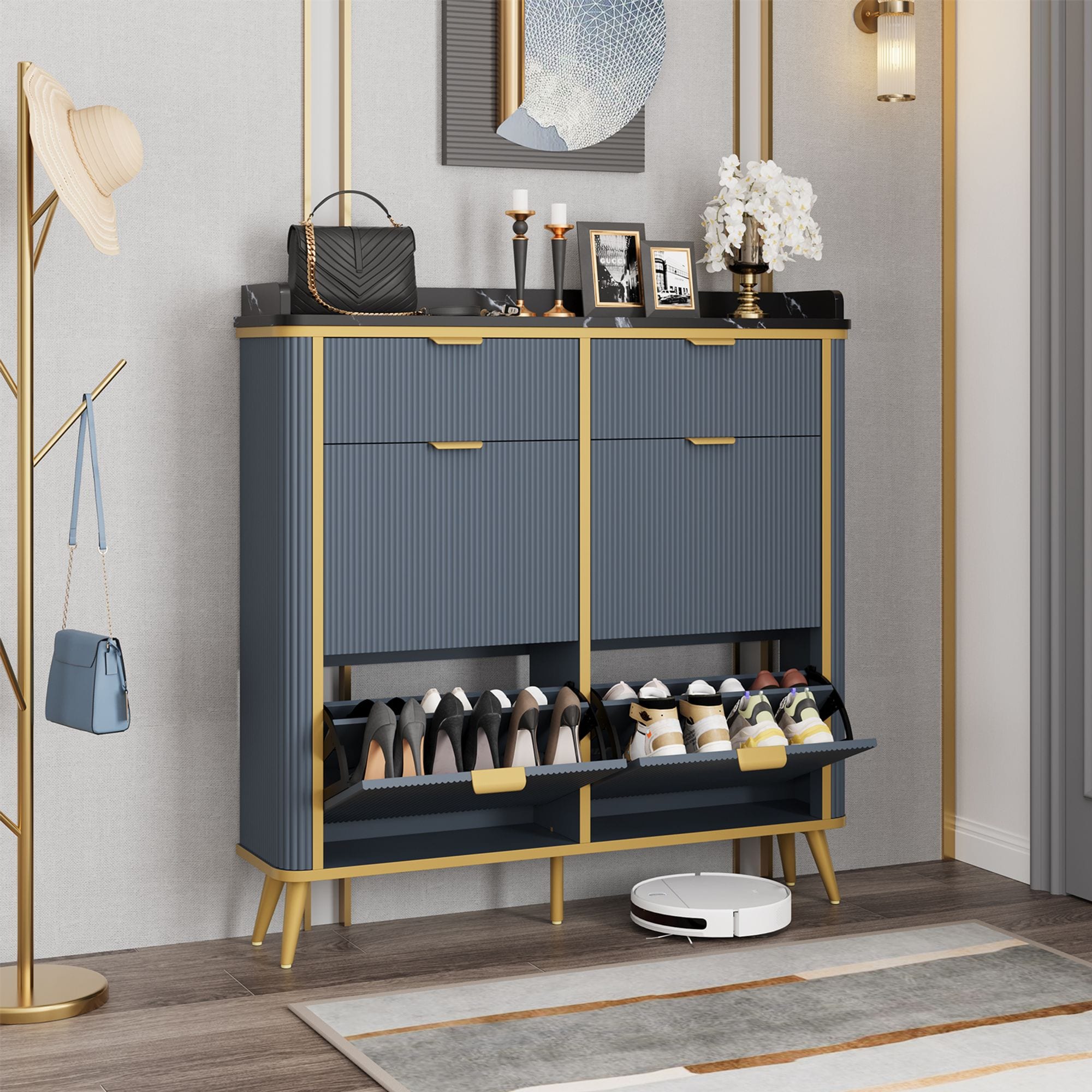 QUW 47.6-in Navy Blue Fluted Shoe Storage Cabinet with 4 Flip Drawers and 2 Drawers with Adjustable Shelves