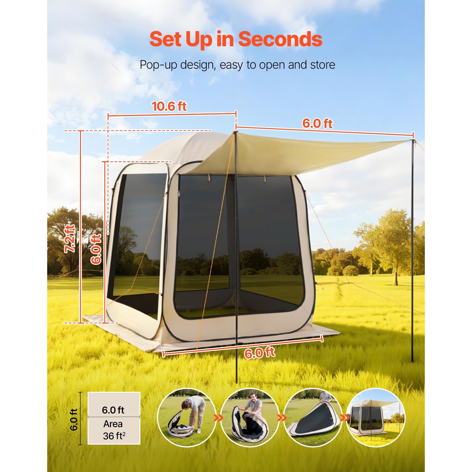 GIVIMO 6x6-ft Pop Up Screen House Tent with Extended Awning for 4-6 ...