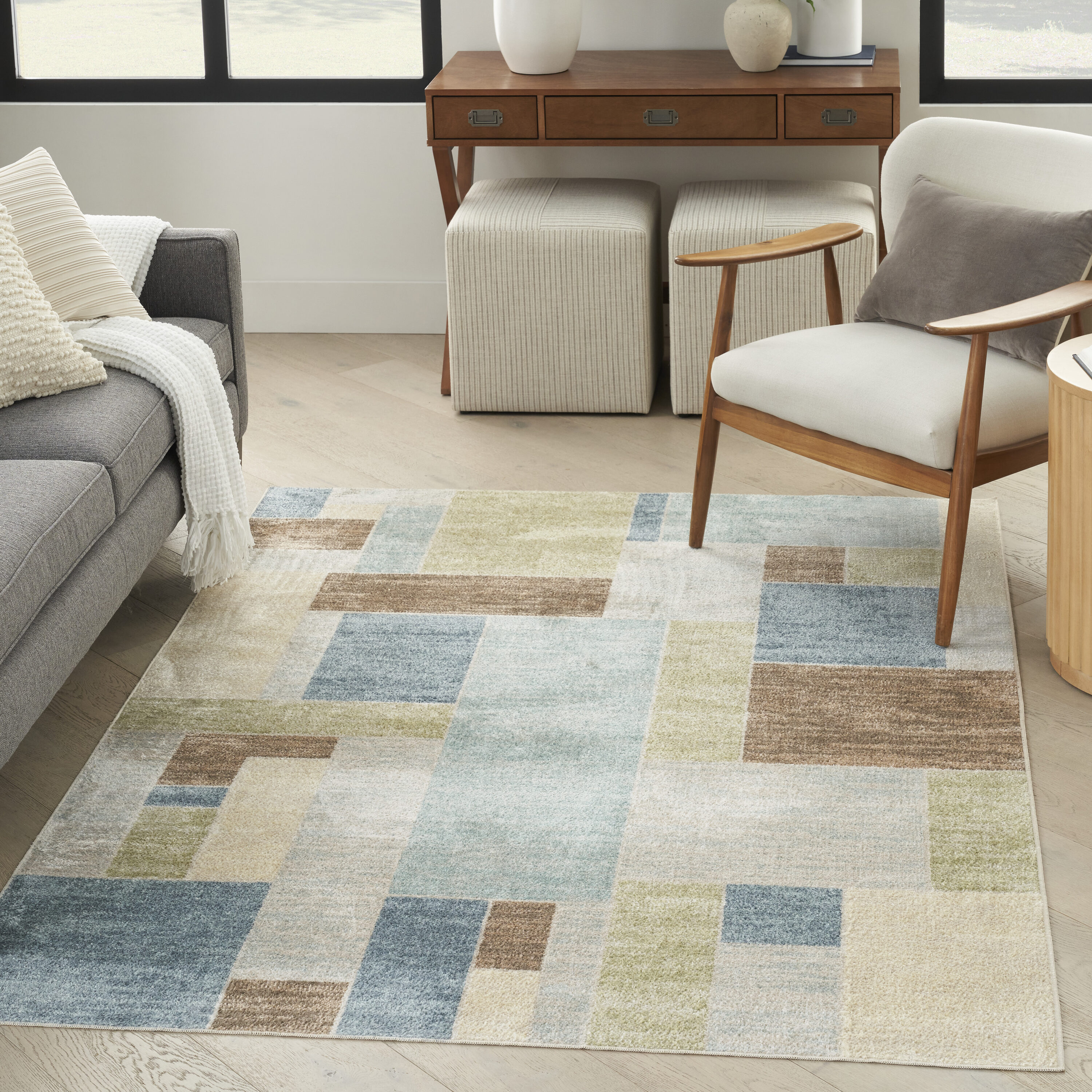 Nourison Home 099446944436 Astra Machine Washable 5 x 7 (ft) Loomed Polyester Blue Green Multi Rectangular Indoor Geometric Mid-Century Modern Machine washable Area rug