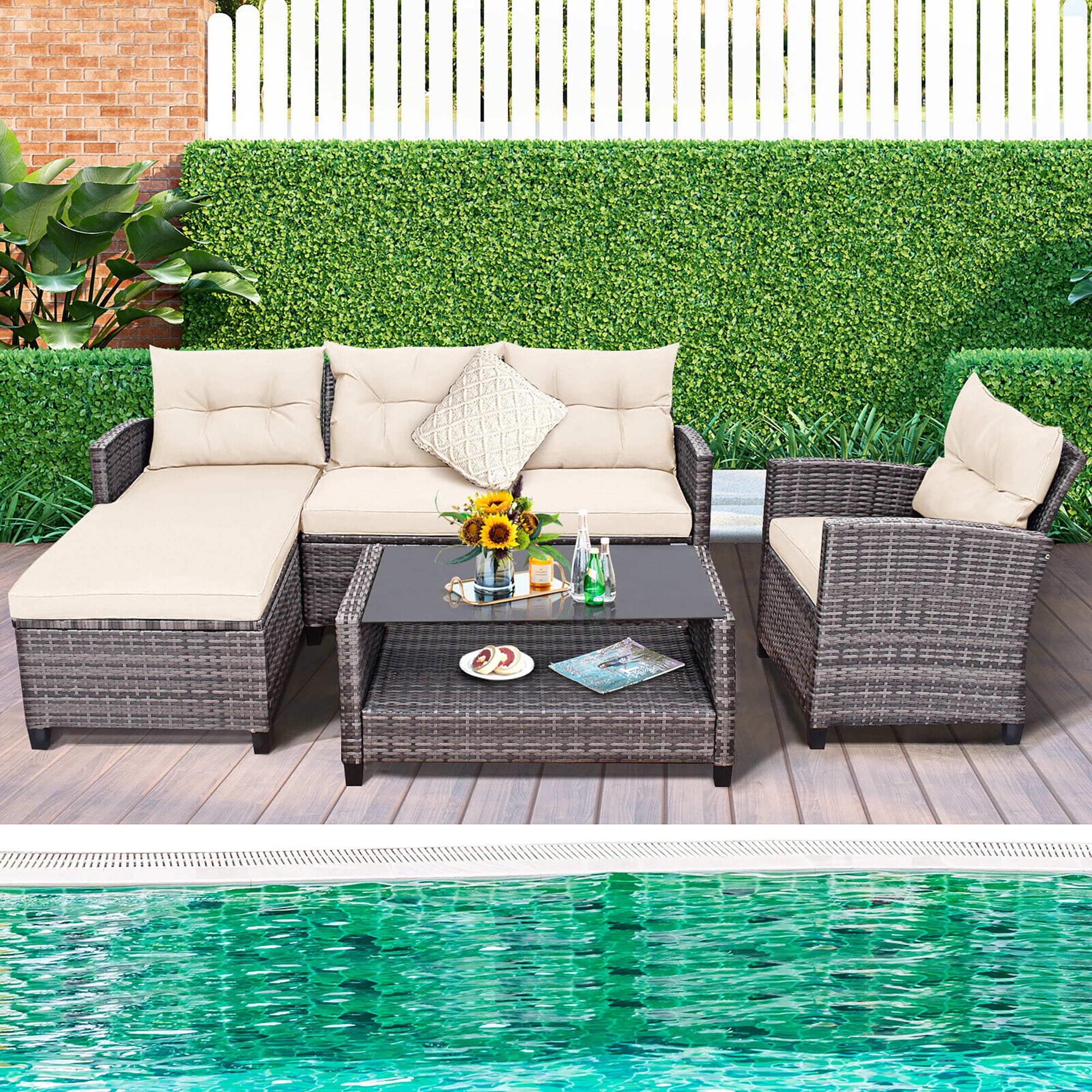 BABOOM Outdoor Furniture Sofa Set 4-Piece Rattan Patio Conversation Set ...