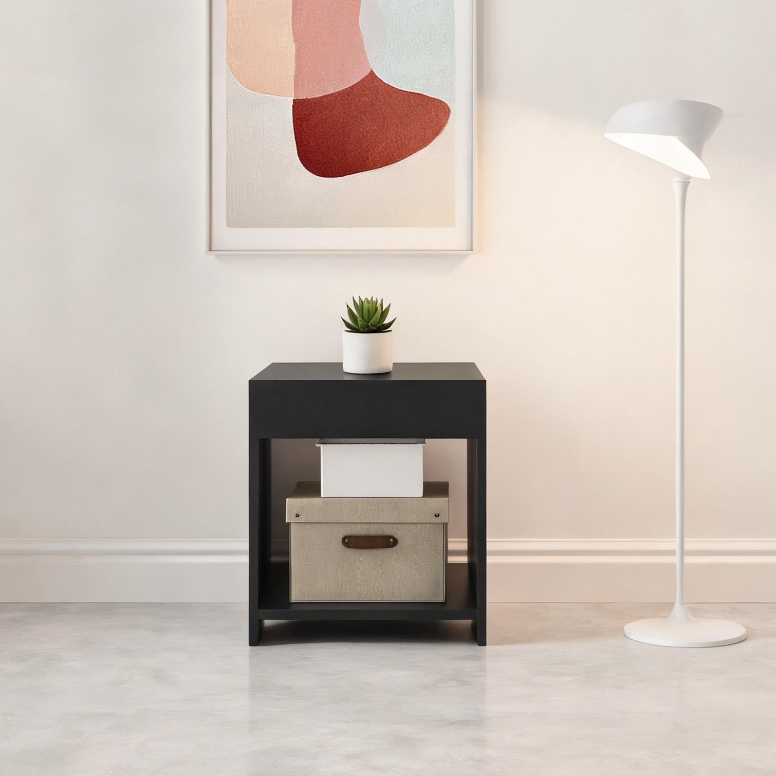 SUNCREAT Nightstand in black-toned Engineered Wood compact 13.9L x 15 ...