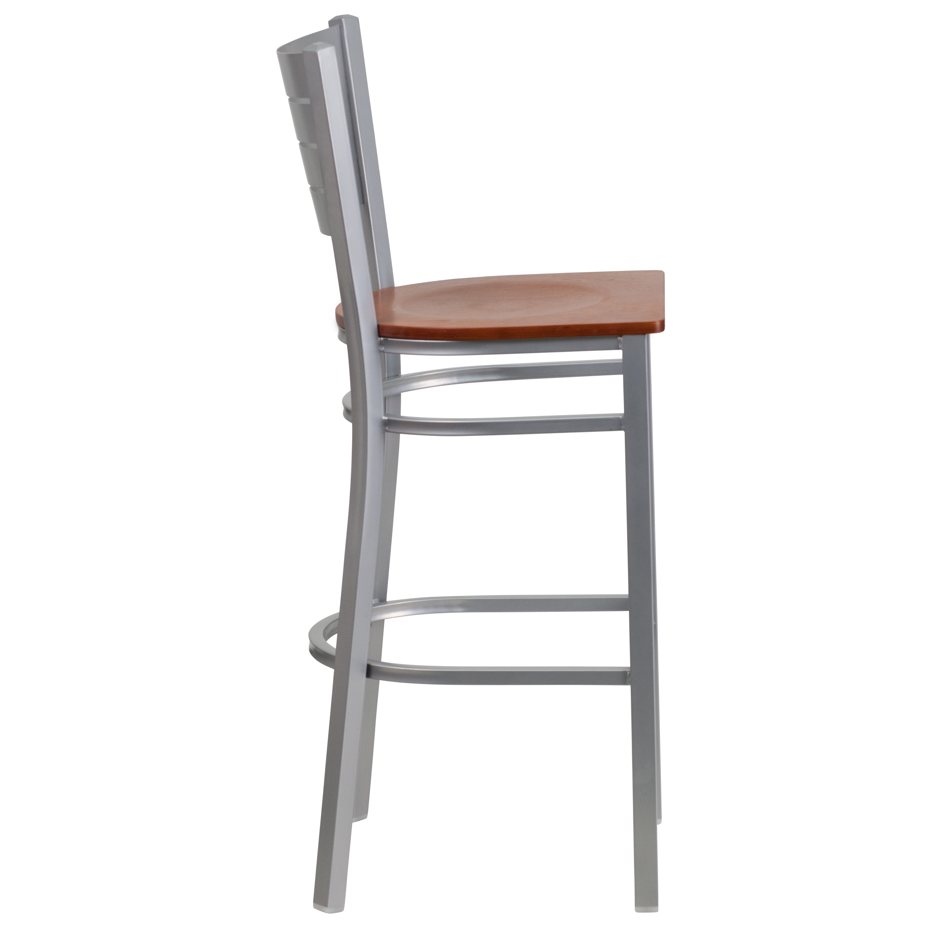 Silver Frame Slat-Back Barstool with Cherry Wood Seat