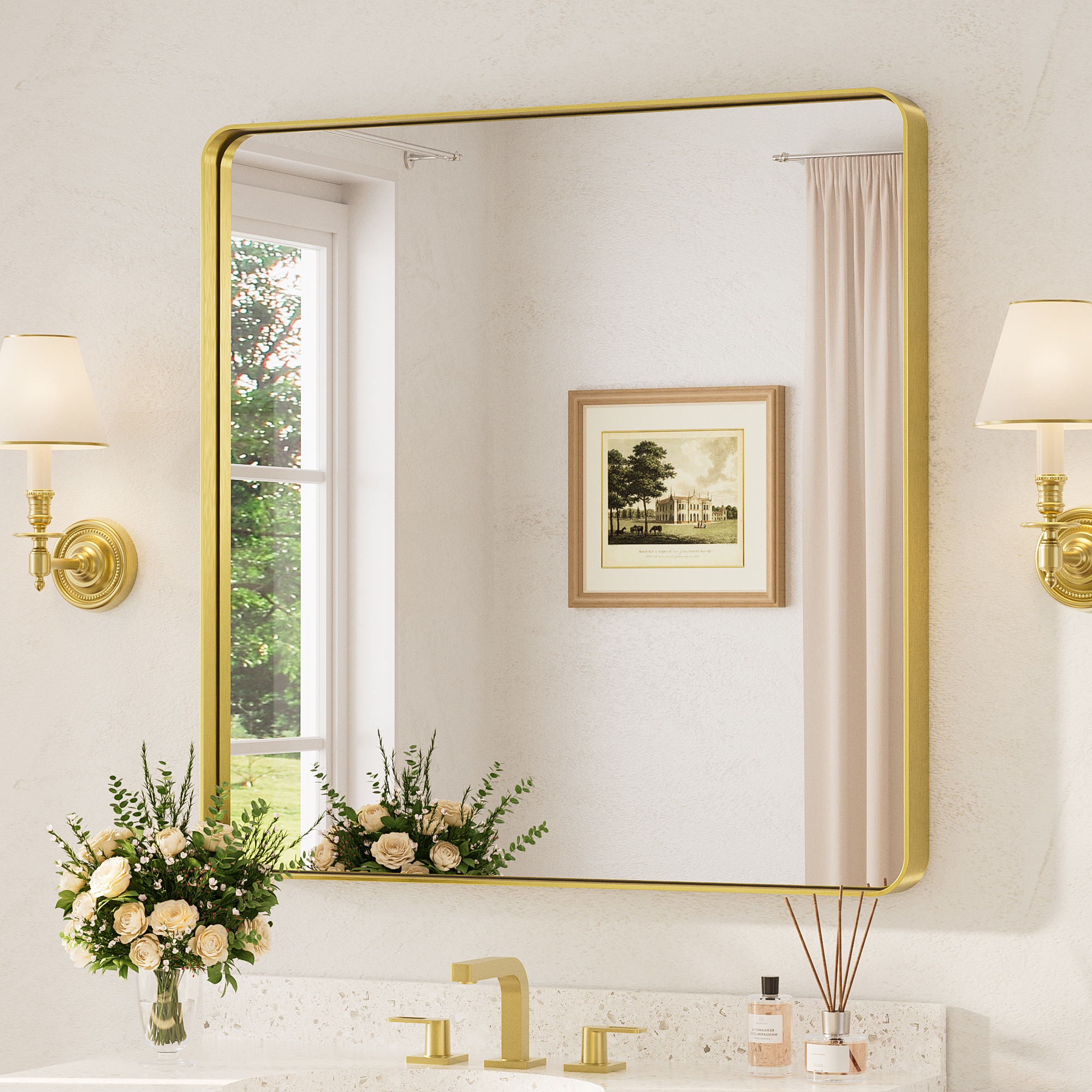TETOTE - 36x36 Inch Brushed Gold Bathroom Vanity Mirror Tempered Glass Metal Framed Over Sink Hor...