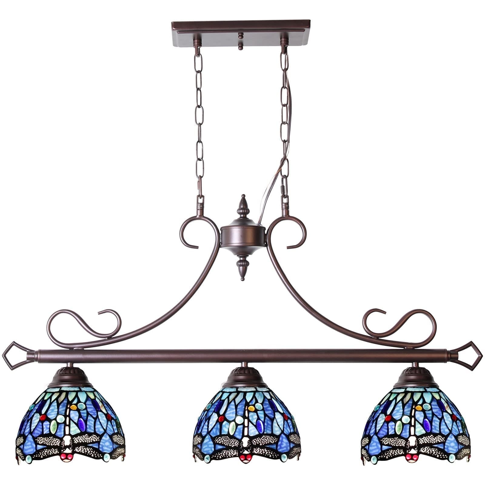 Vrbgify  Tiffany Style 3 pcs Pendant Light Fixture 7 Inch Wide Stained Glass Blue Dragonfly Chandelier Adjustable Chain for Kitchen Island Dining Room Billiards Room Farmhouse