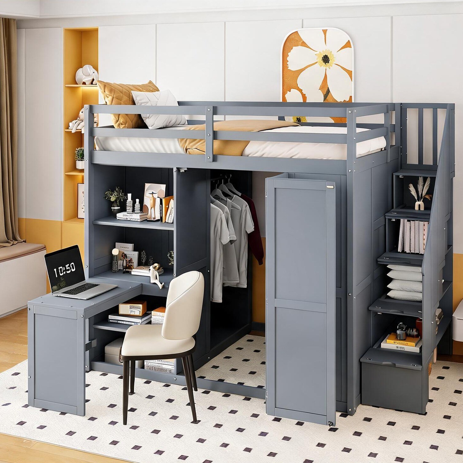 Naturefalls Full Loft Bed with Wardrobe and Desk Gray-toned MDF and LVL ...