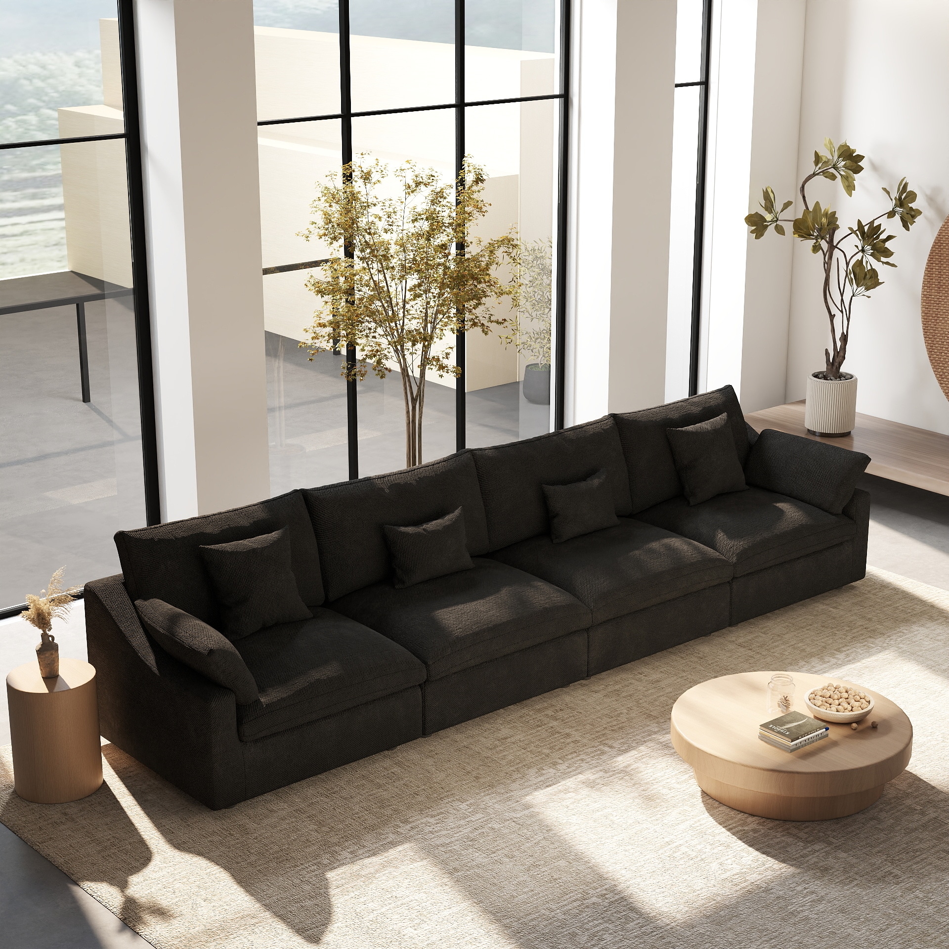 BuotiqHom DH-S4-140BK 156-in Modern Black Linen 4 -seater Sectional