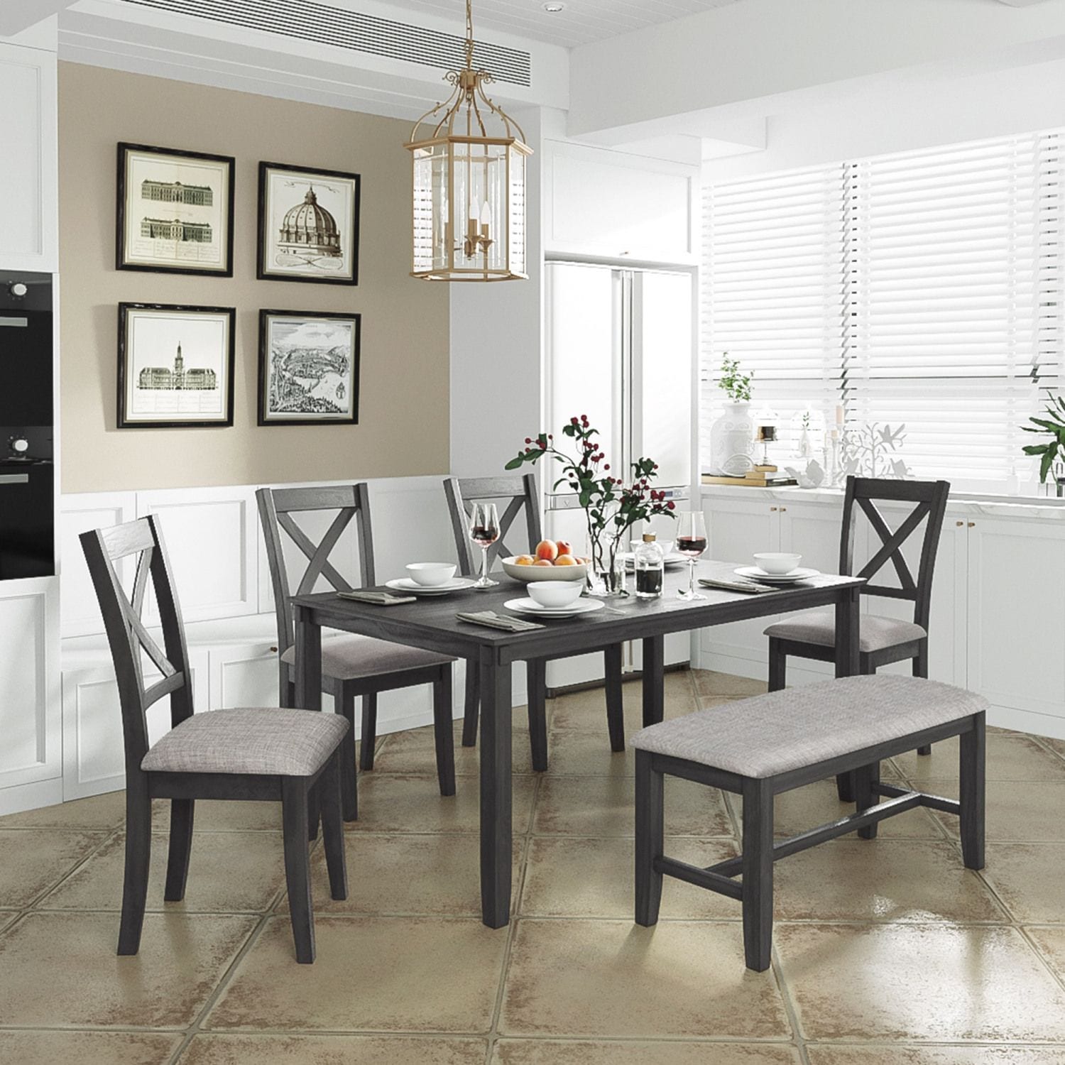 JASMODER ST000013AAE 6-Piece Kitchen Dining Table Set Wooden Rectangular Dining Table, 4 Dining Chairs And Bench Family Furniture For 6 People (Grey)