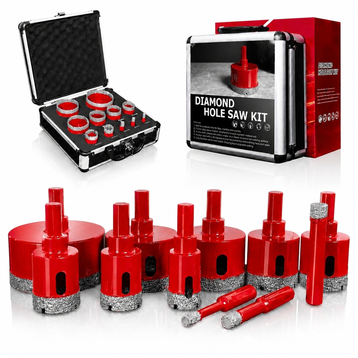 SenQWFa 11 Piece Diamond Hole Saw Kit with Sizes 6mm 8mm 10mm 20mm 25mm 28mm 32mm 35mm 45mm 50mm 65mm for Tile Granite Marble Ceramic Drilling #LDC0820C410