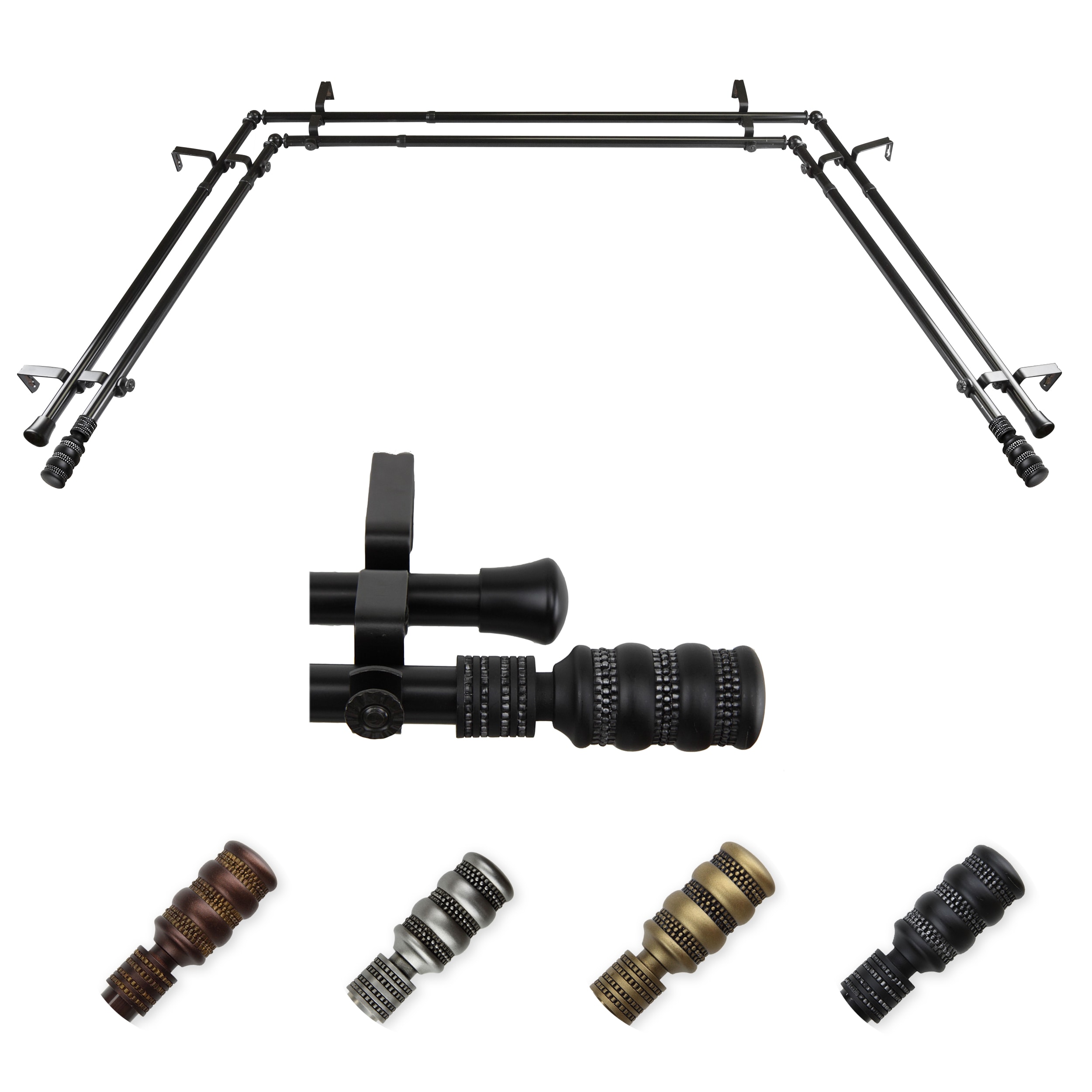 Hart & Harlow L-ABAY-09-2D Debra 13/16-in Double Bay Black Steel Bay window curtain rod with Finials