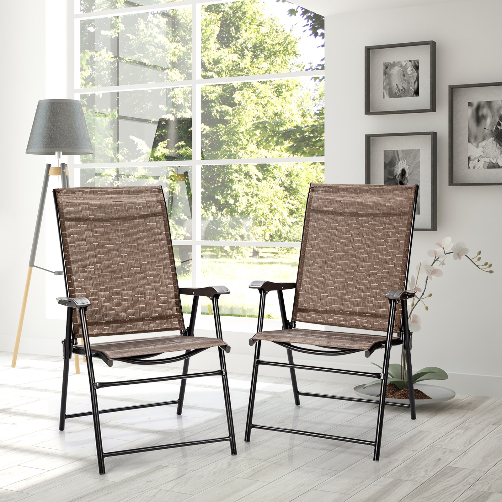 Brown Steel Frame Foldable Patio Dining Chairs with Mesh Seats, Set of 2