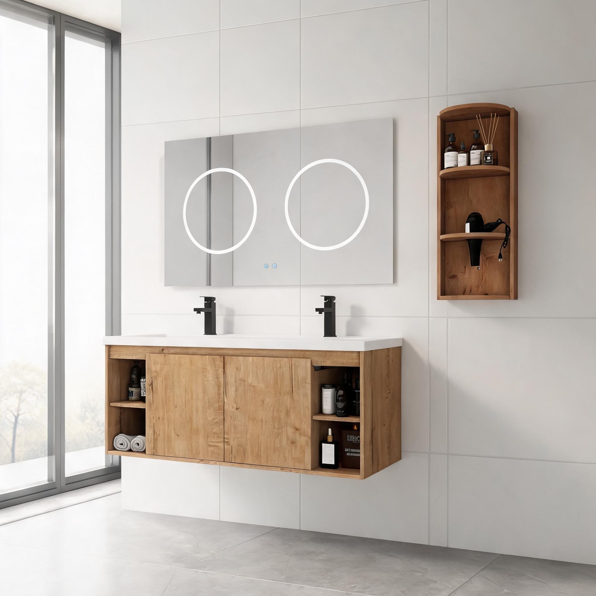 Watnature Bathroom Wall-Mounted Double Sink Vanity Imitative Oak ...