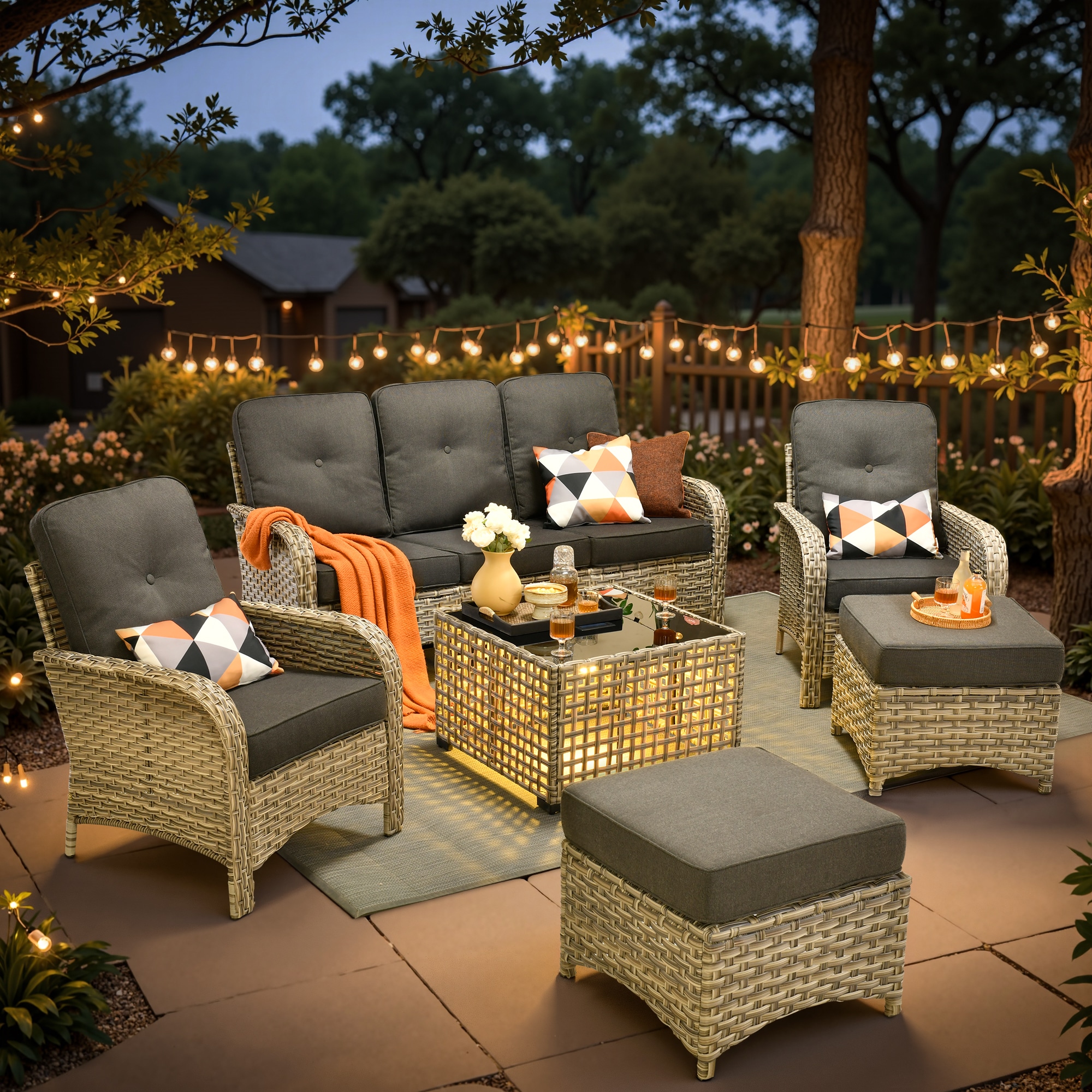 XIZZI XIVNC1062 Scorpio 6 -Piece Rattan Patio Sofa Conversation Set with Black Cushions