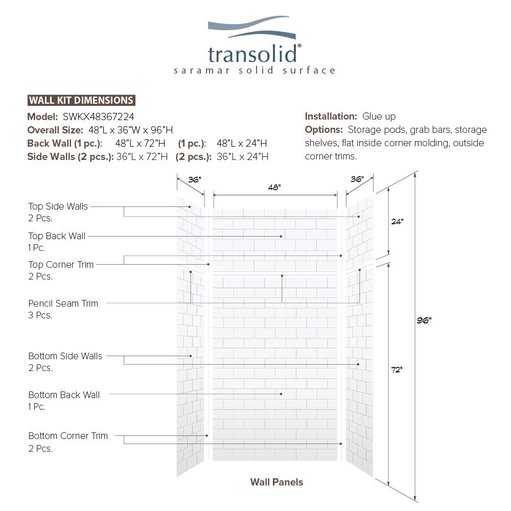 SaraMar White Subway Tile 48" x 96" Shower Wall Kit