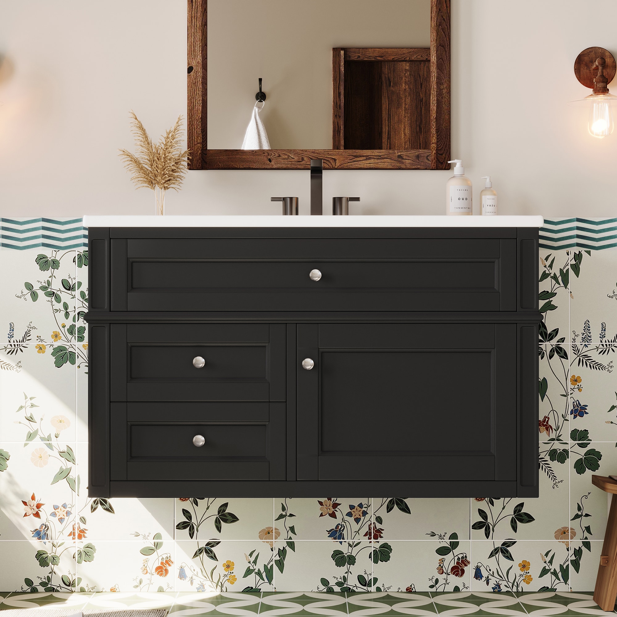JUSHUA - 36 inch Black Wall Mounted Bathroom Vanity with Ceramic Sink 2 Drawers and Tip Out Drawer