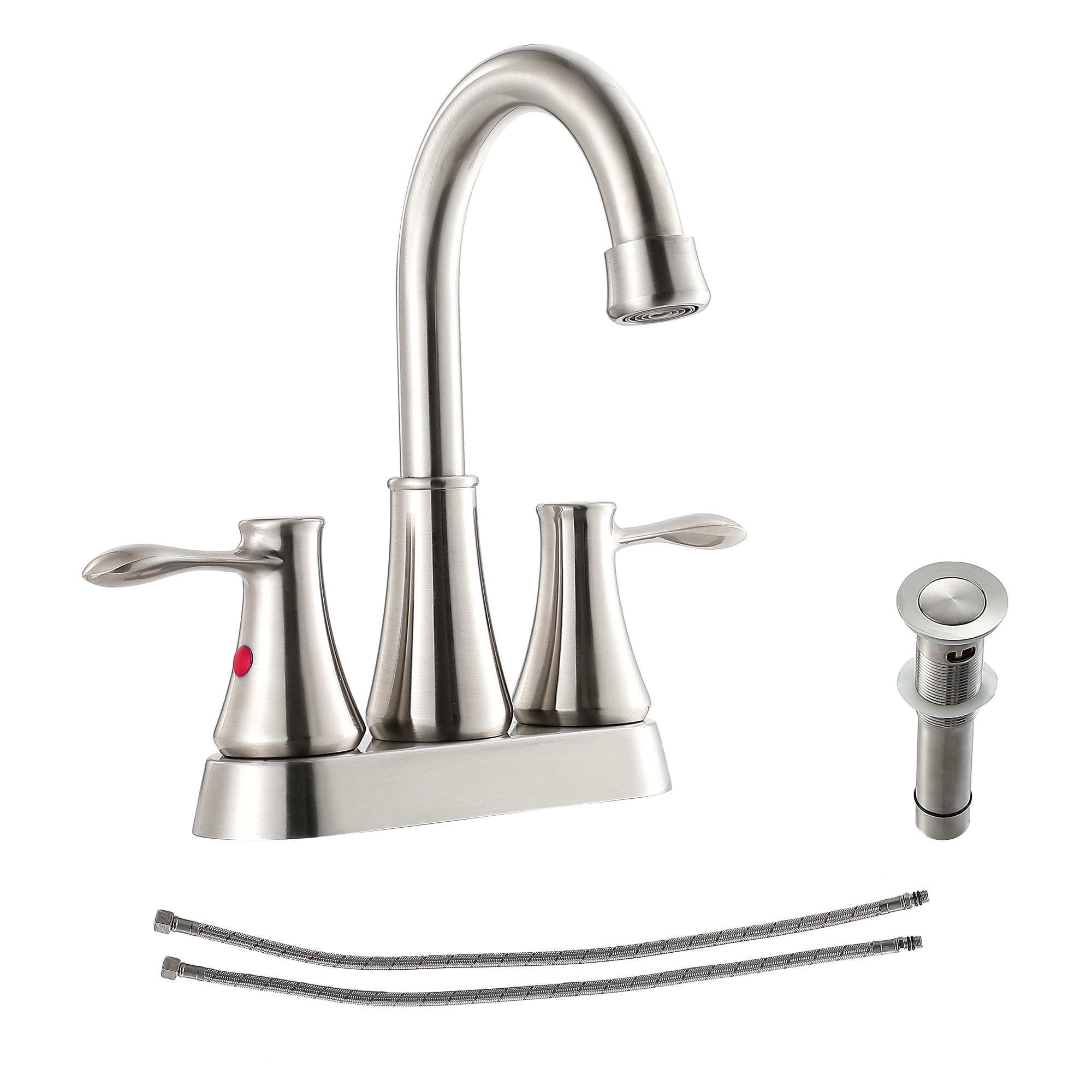 Lordear Brushed Nickel Single Handle Waterfall Bathroom Faucet Modern High Arc 3 Hole Vanity Faucet with Pop Up Drain and Supply Lines