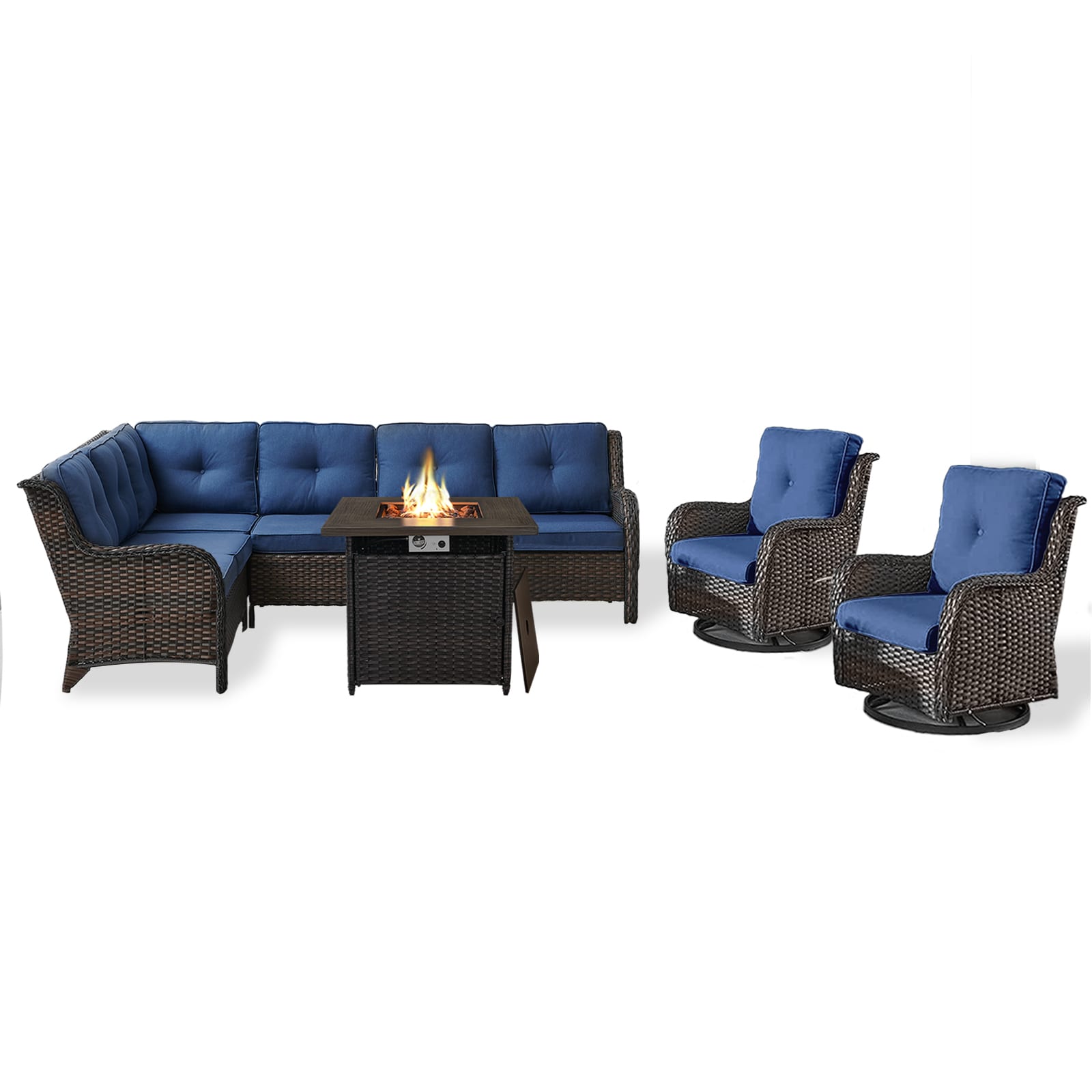 Rilyson FS023054056058098-1 Curved armrest 7 -Piece Wicker Patio Conversation Set with Blue Cushions
