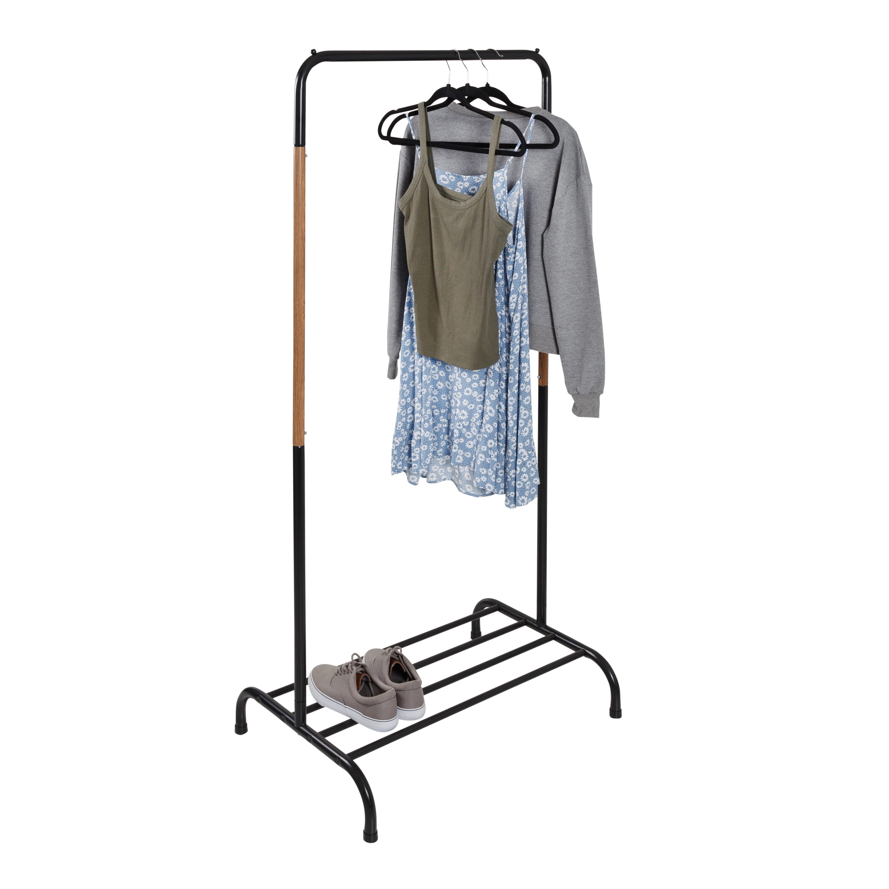 Black and Light Wood Portable Garment Rack with Shoe Shelf
