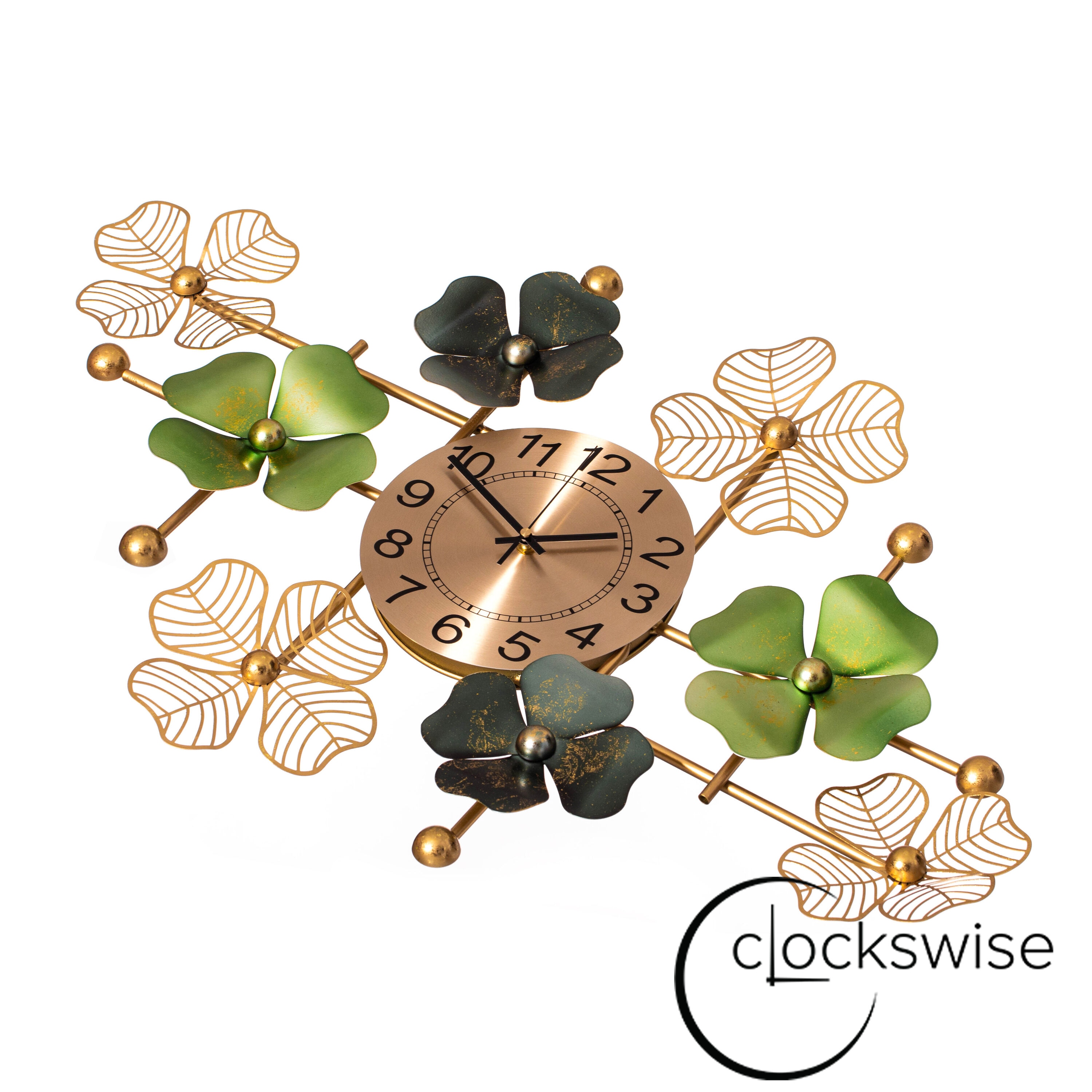 Oversized Gold and Green Metal Leaf Art Wall Clock