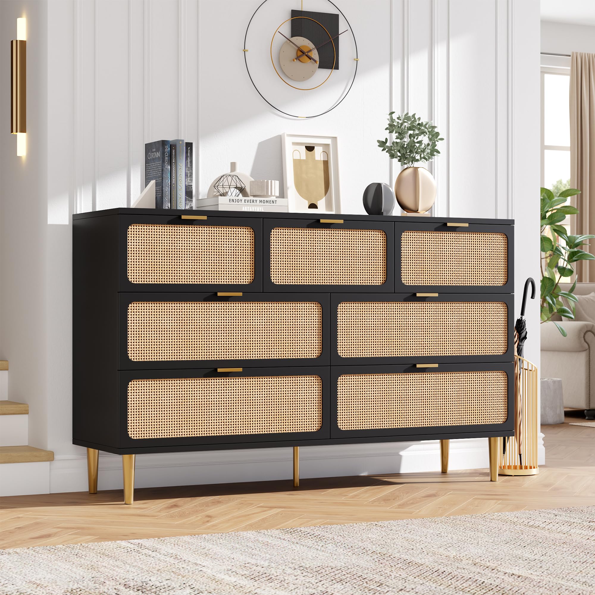 IdealHouse Rattan 7 Drawer Dresser for Bedroom - Tall Dresser with Deep Drawers - Large Chest of Drawers for Closet with Wide Top - Long Wooden Dresser for Living Room Hallway Kids Room (Black)
