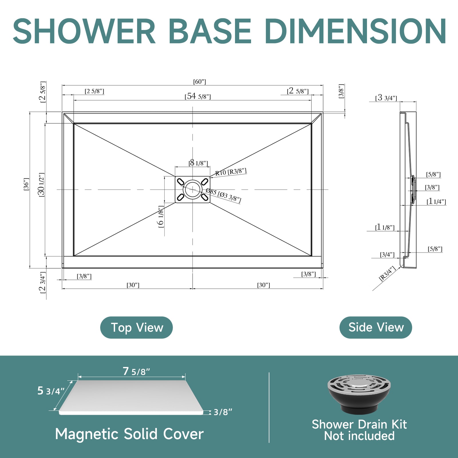 Miuara 60x36 Inch White Rectangle Acrylic Shower Base Center Drain Non ...