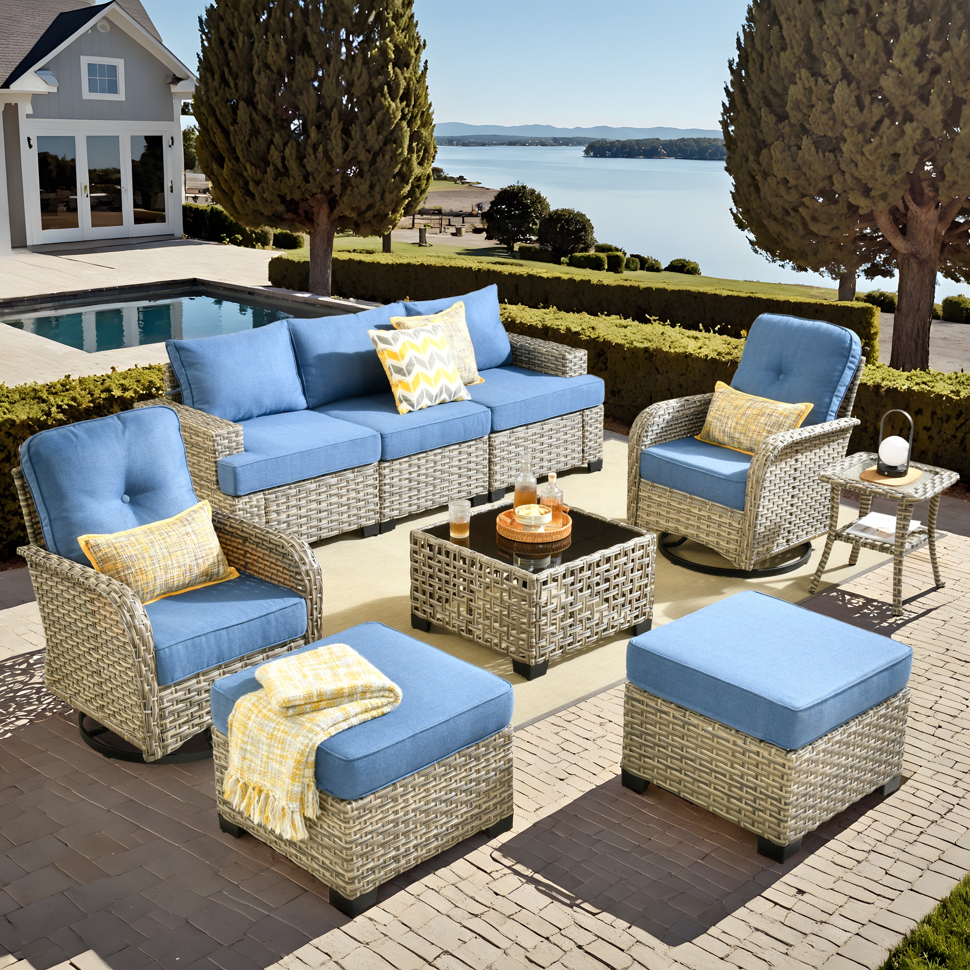 Pouuin SVYZBS500-7 7 -Piece Wicker Patio Sofa Conversation Set with Light Blue Cushions