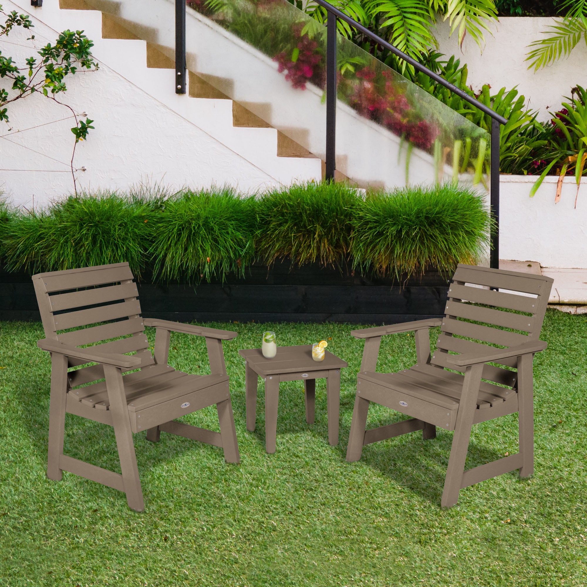 highwood BV-KT3CHGR101-CTA Riverside Set of 2 Cabana Tan HDPE Frame Stationary Conversation Chair with Slat Seat
