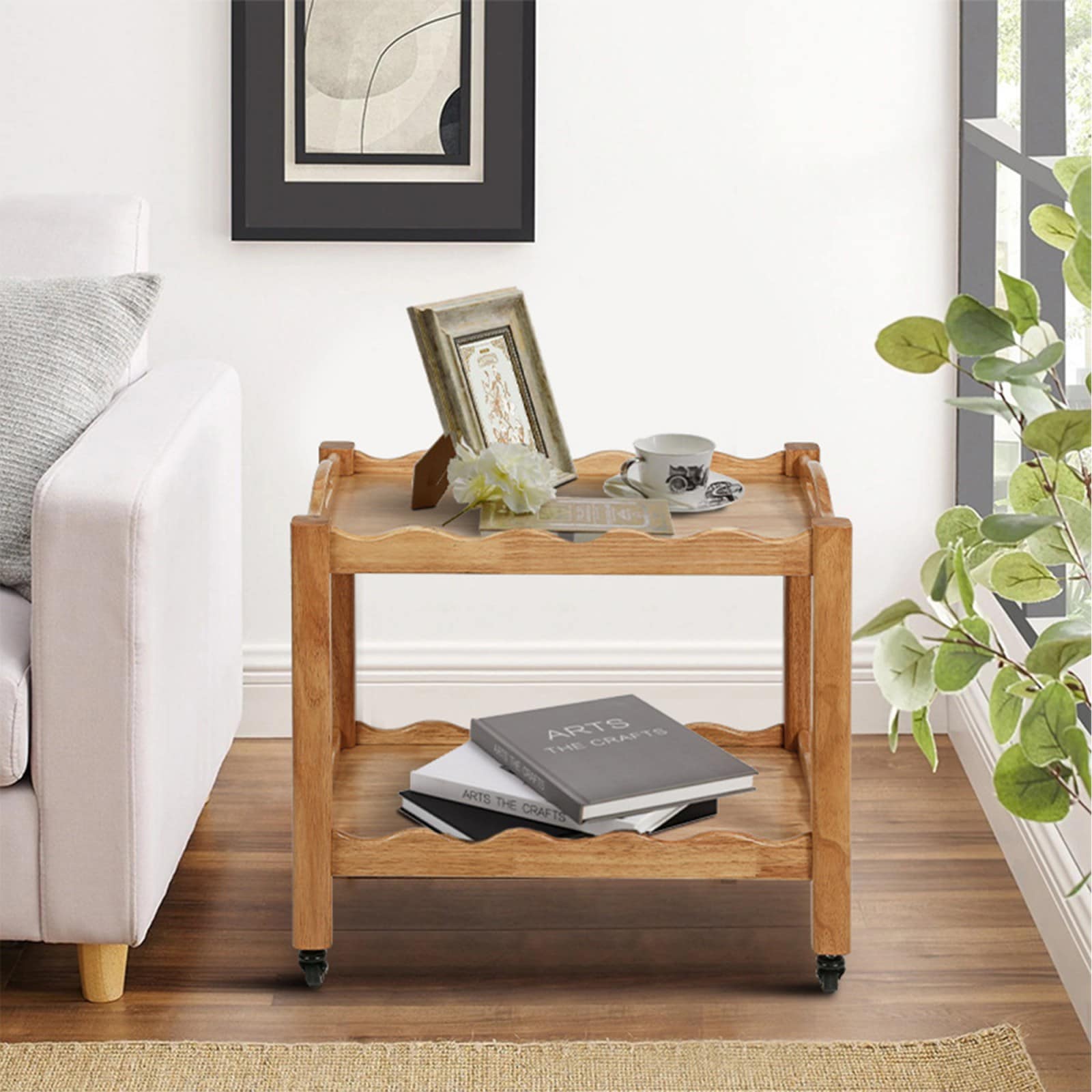 GlasFlength - Solid Rubberwood Rolling Side Table 2-Tier with Lockable Wheels and Removable Tray...