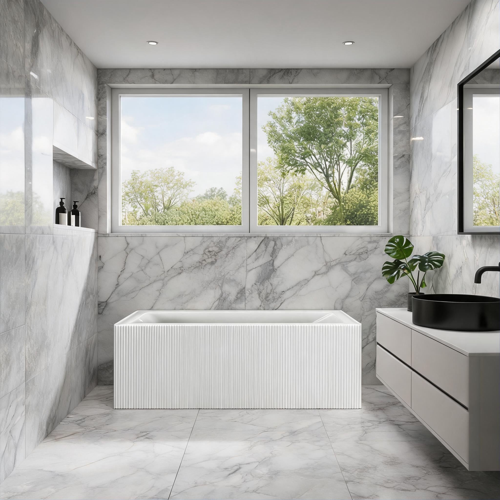 Watnature Bathroom clean white acrylic alcove soaking bathtub 60 x 32 inch modern fluted design with left drain #28L4KSHTYILH