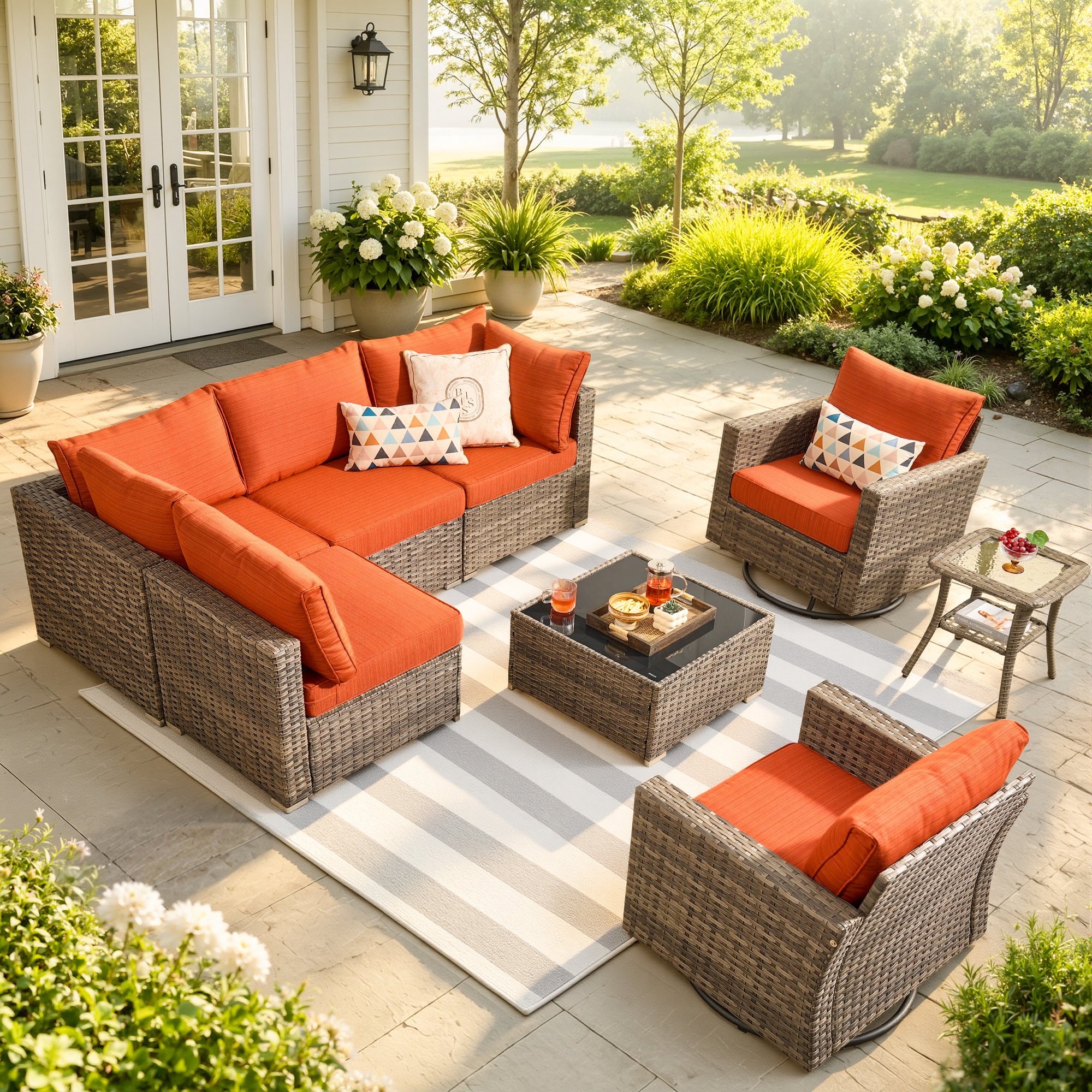 Kuuga Wicker Outdoor Sectional with Orange Cushions and Powder-Coated Steel Frame