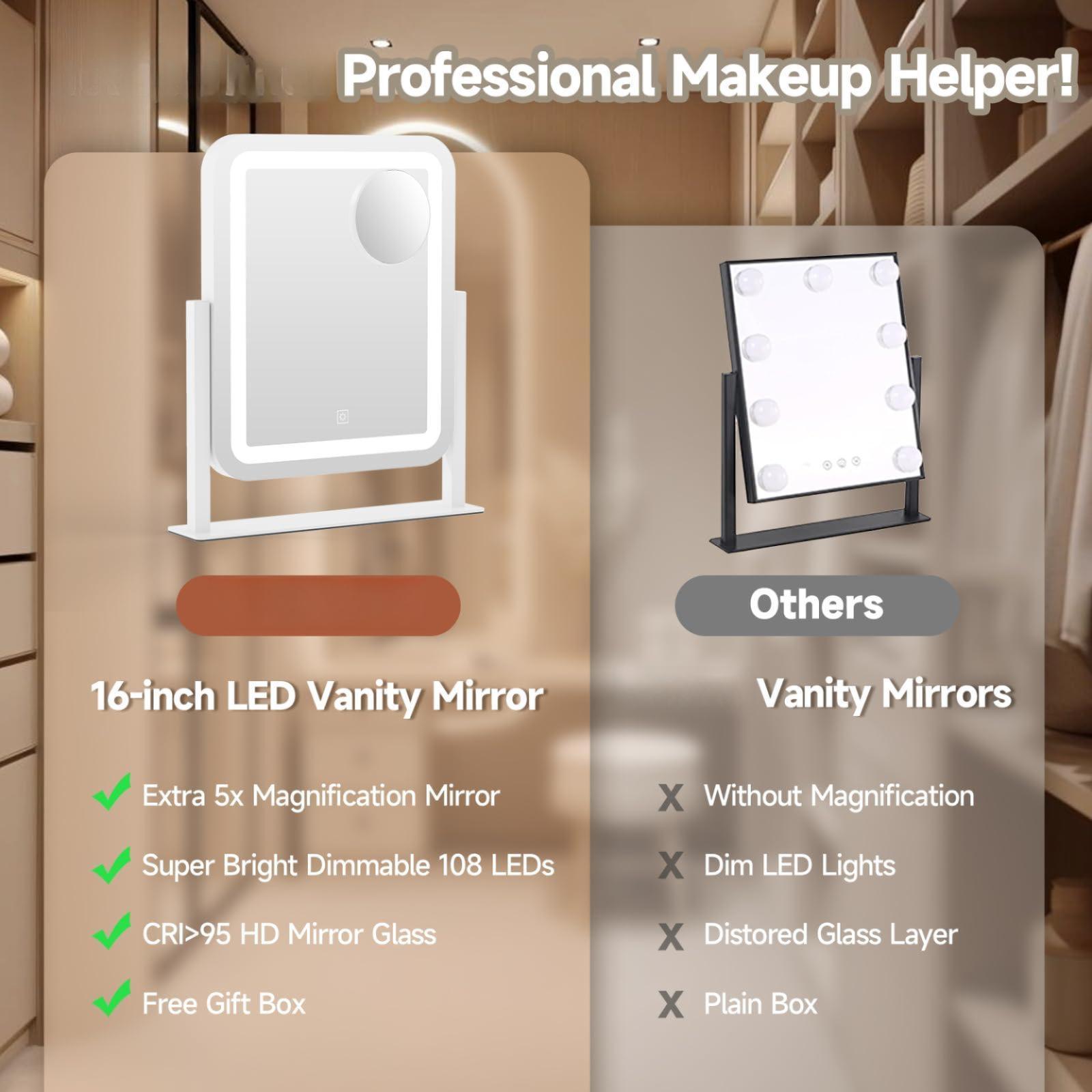 PIGFDK Hollywood Vanity Mirror 16x14 LED Lighted Makeup Touch Screen 3 ...