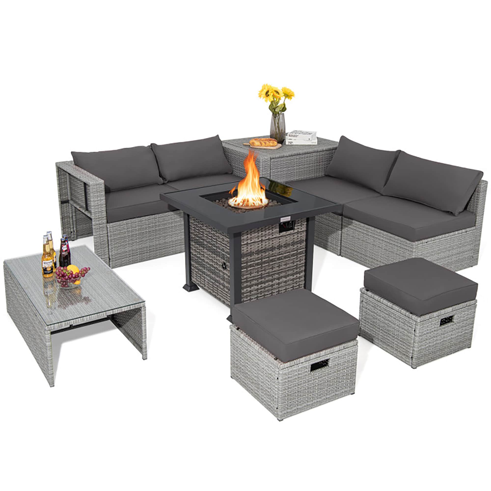 CASAINC AOG-W213S00044 9 -Piece Rattan 2 Patio Sofa Conversation Set with Gray Cushions