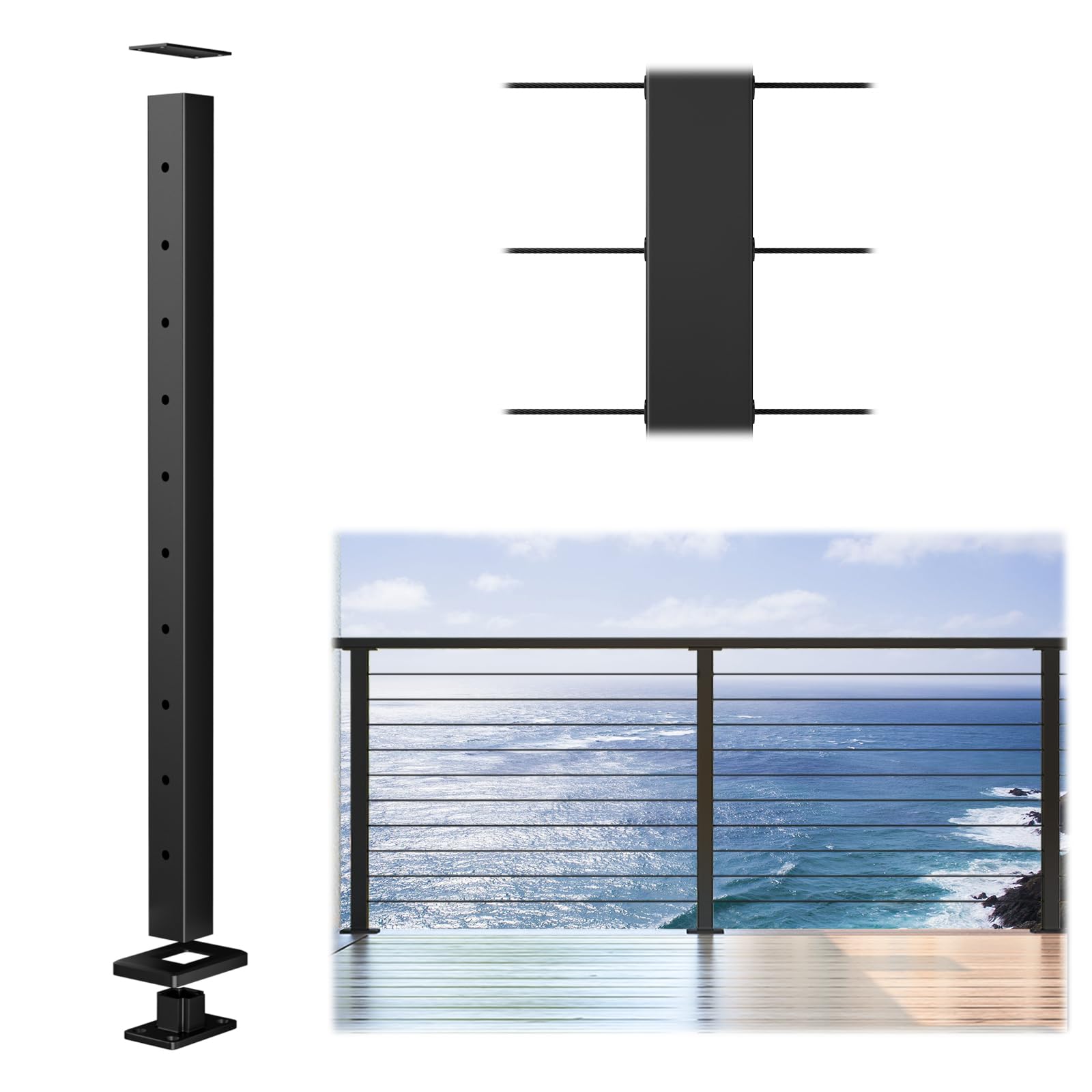 ITOPFOX  Aluminum Black Cable Railing Post 36 Inch 2 by 2 Inch Level Drilled Surface Mount for Indoor Outdoor Residential Projects