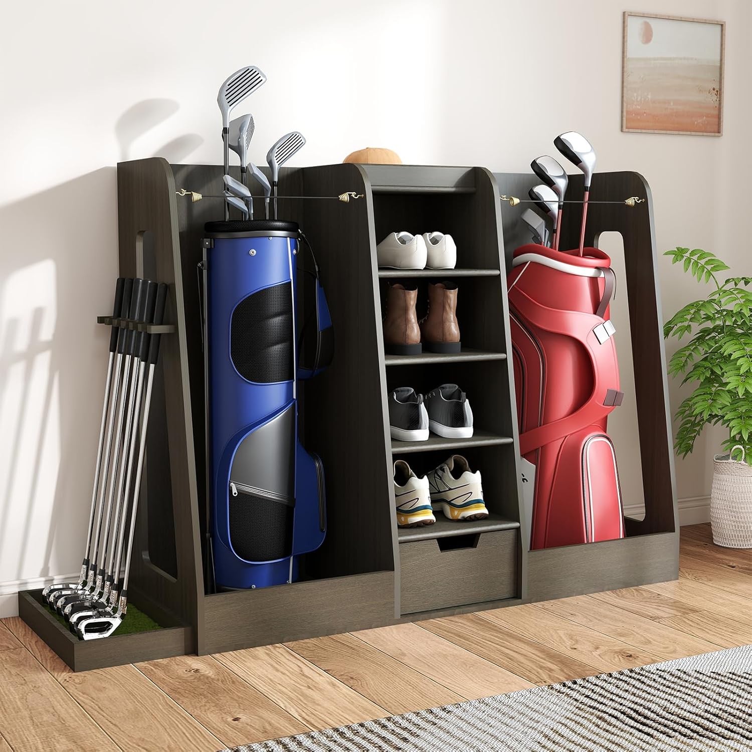 Zevemomo Wooden Golf Bag Organizer with Drawers Holds 2 Golf Bags and Equipment Gray