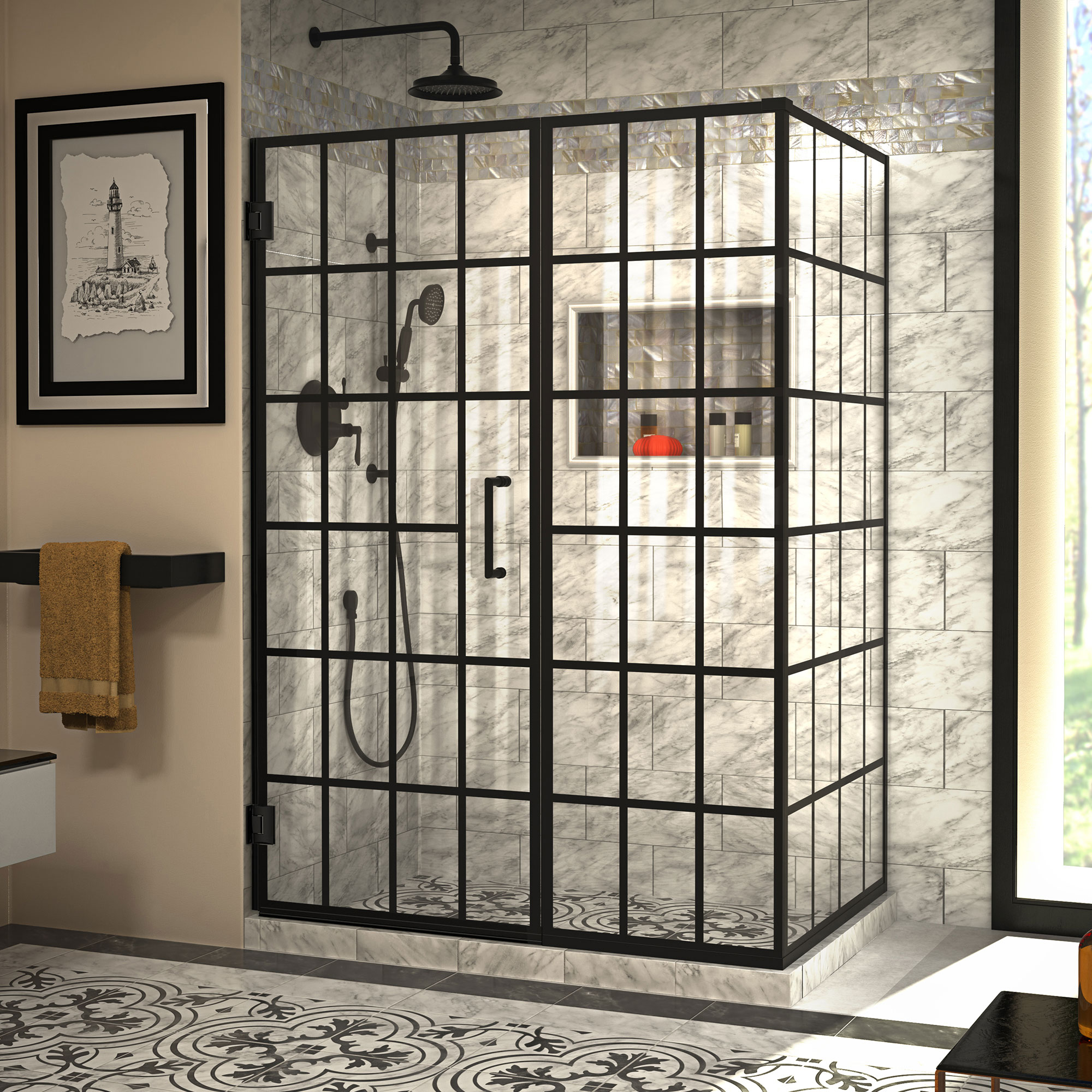 DreamLine SHEN-2434520-89 Unidoor Toulon Matte Black 51-7/8-in W x 72-in H Frameless Corner Hinged Shower door 3/8-in Thick Clear Glass