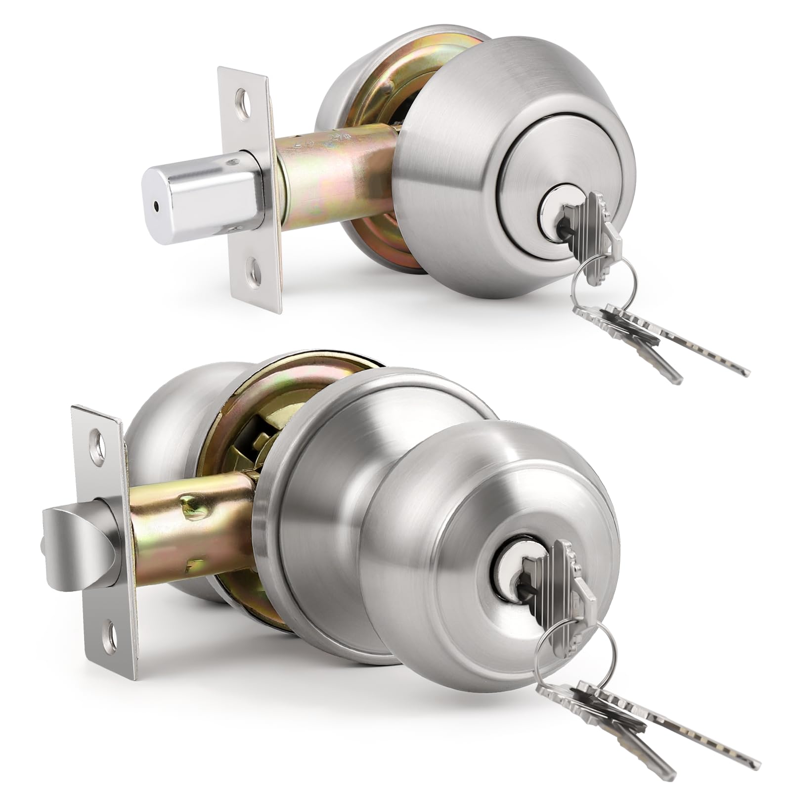 SenQWFa  1 Pack Keyed Alike Door Knob and Double Cylinder Deadbolt Set Satin Nickel Exterior Door Lock Set Double Keyed Door Knob